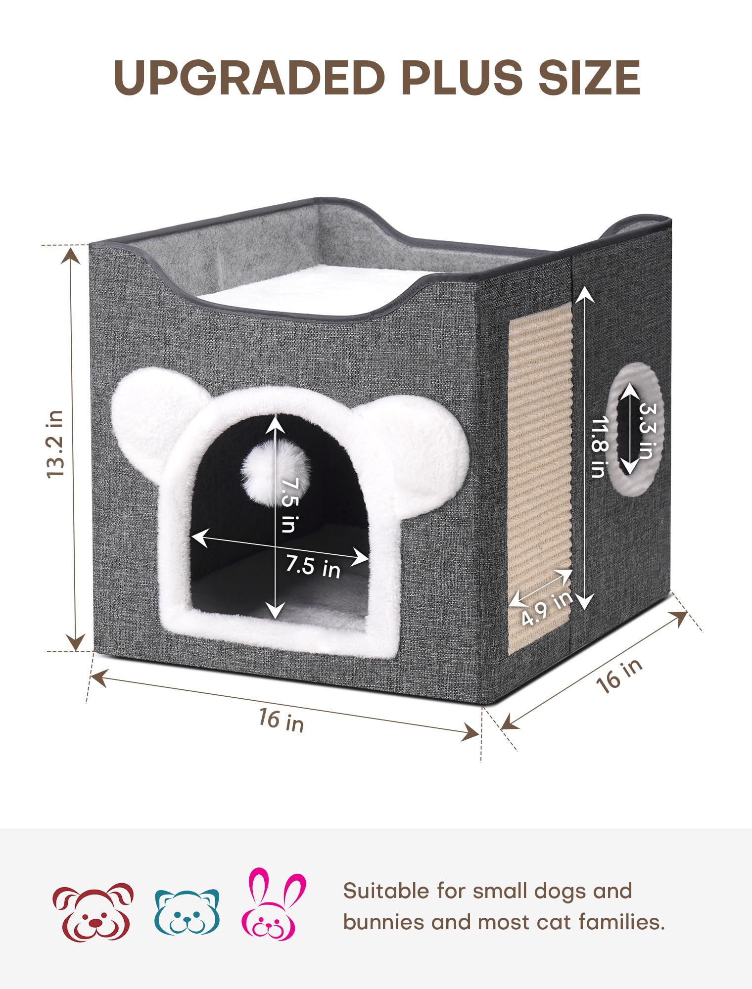 Cat Houses for Indoor Cats, Large Cat Cave with Fluffy Ball and Scratch Pad, Covered Cat Bed House, Foldable Cat Hideaway