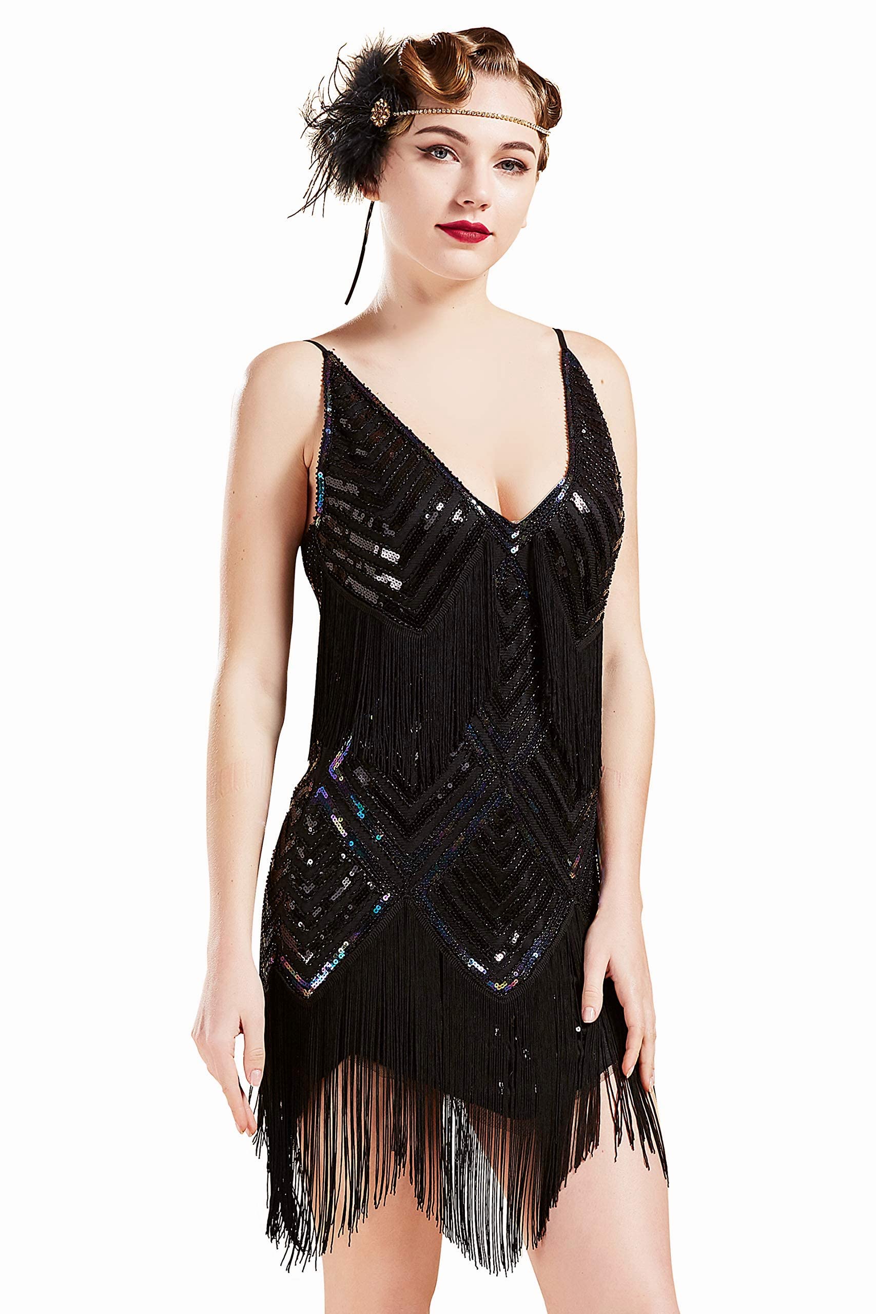 Coucoland Robe à Franges Années 20 - Col en V, Sequins, Sans Manches - Costume Gatsby, Soirée, Cocktail, Charleston (Noire, M)