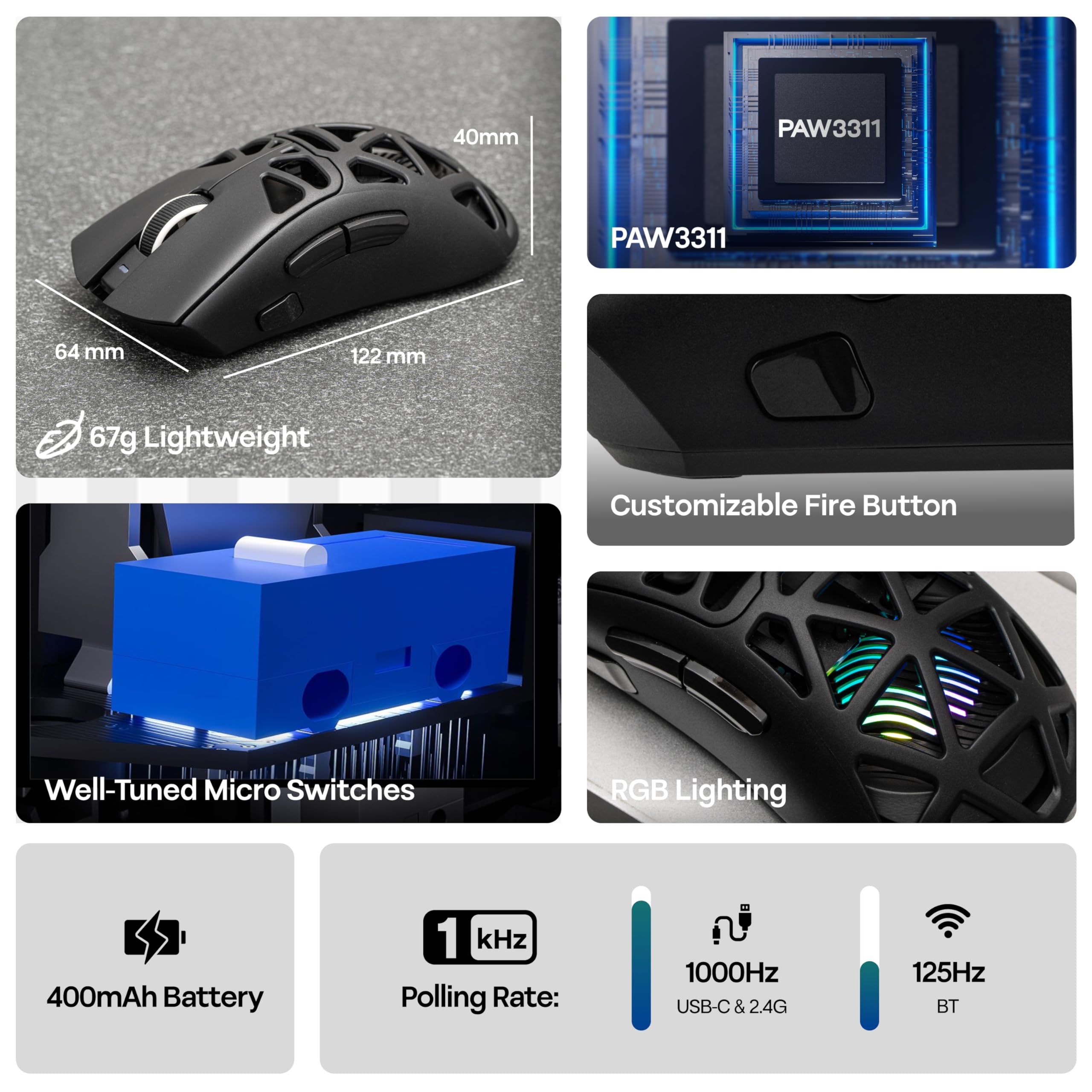 MechLands Aula SC620 Gaming Mouse, 2.4G/USB-C/BT Mouse Wireless con Batteria 400mAh, Regolabile 12.000 DPI & 1000 Polling Rate, Sensore PAW3311, Illuminazione RGB, Pulsanti Programmabili, per Win/Mac