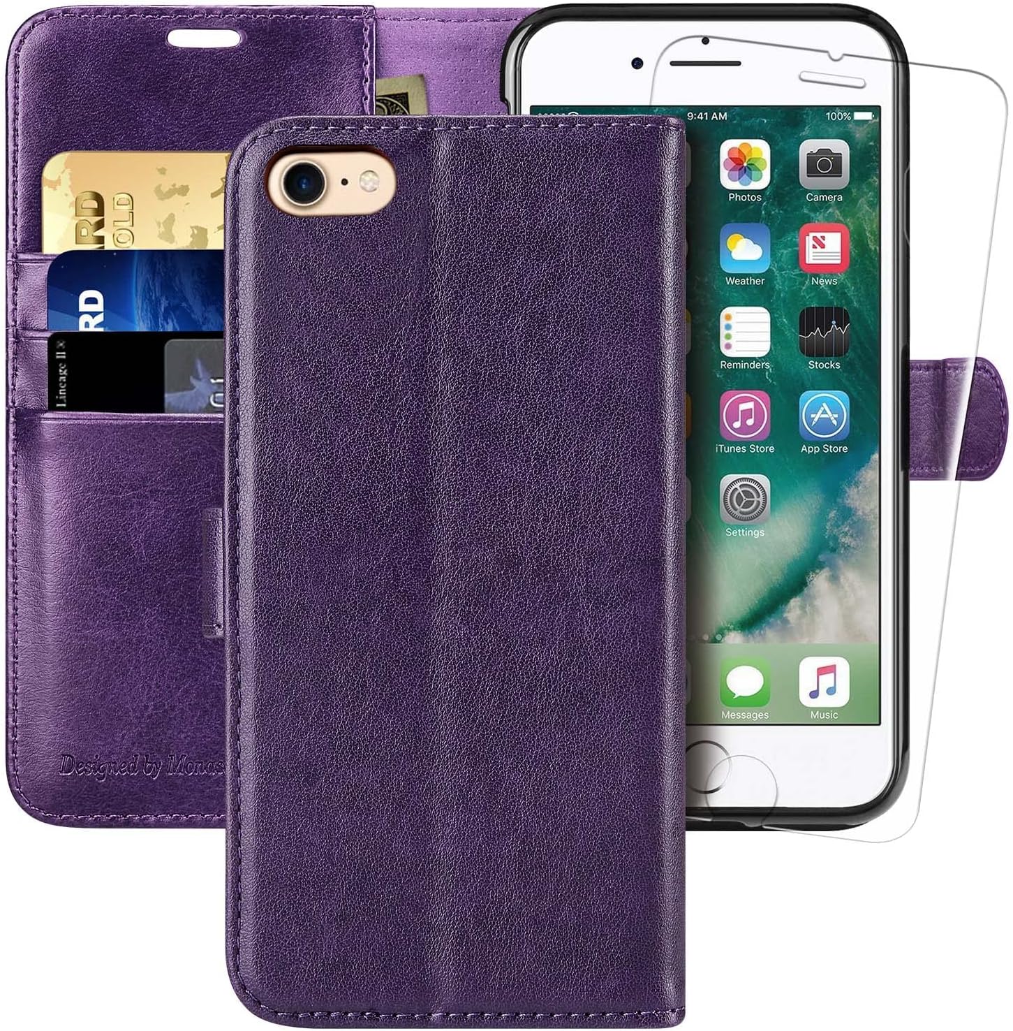 MONASAY Case Compatible for iPhone SE 2022/2020 5G,iPhone 8 Wallet Case, iPhone 7 Case,4.7-inch, [Glass Screen Protector] Flip Folio Leather Cell Phone Cover with Credit Card Holder, Purple