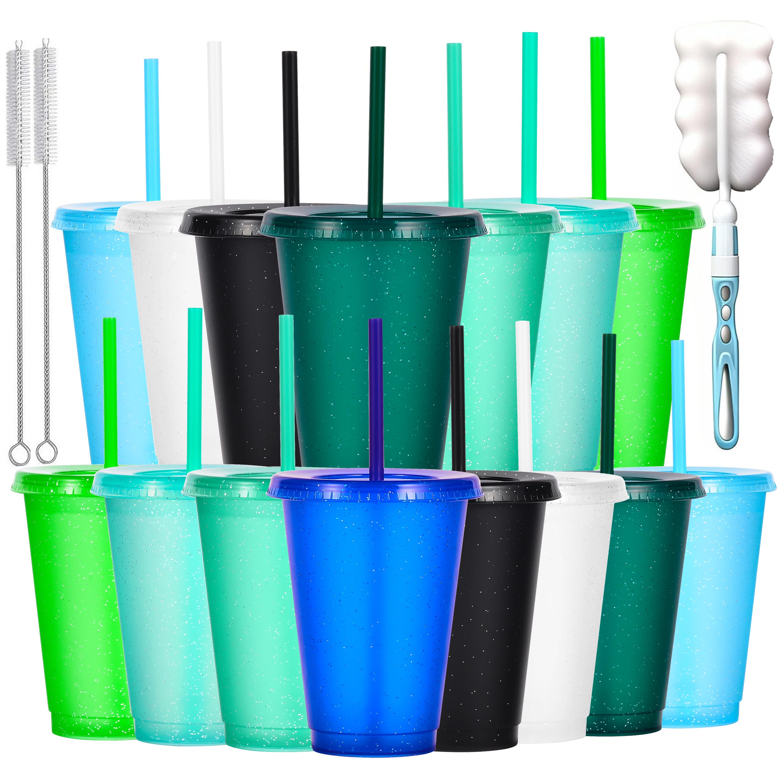 Yisituo 480ml Reusable Plastic Cups, 15 Pack of Kids Tumbler with Lid and Straw, for Cold Drinks, Iced Coffee, Travel and Smoothies (15, Glitter Rainbow)