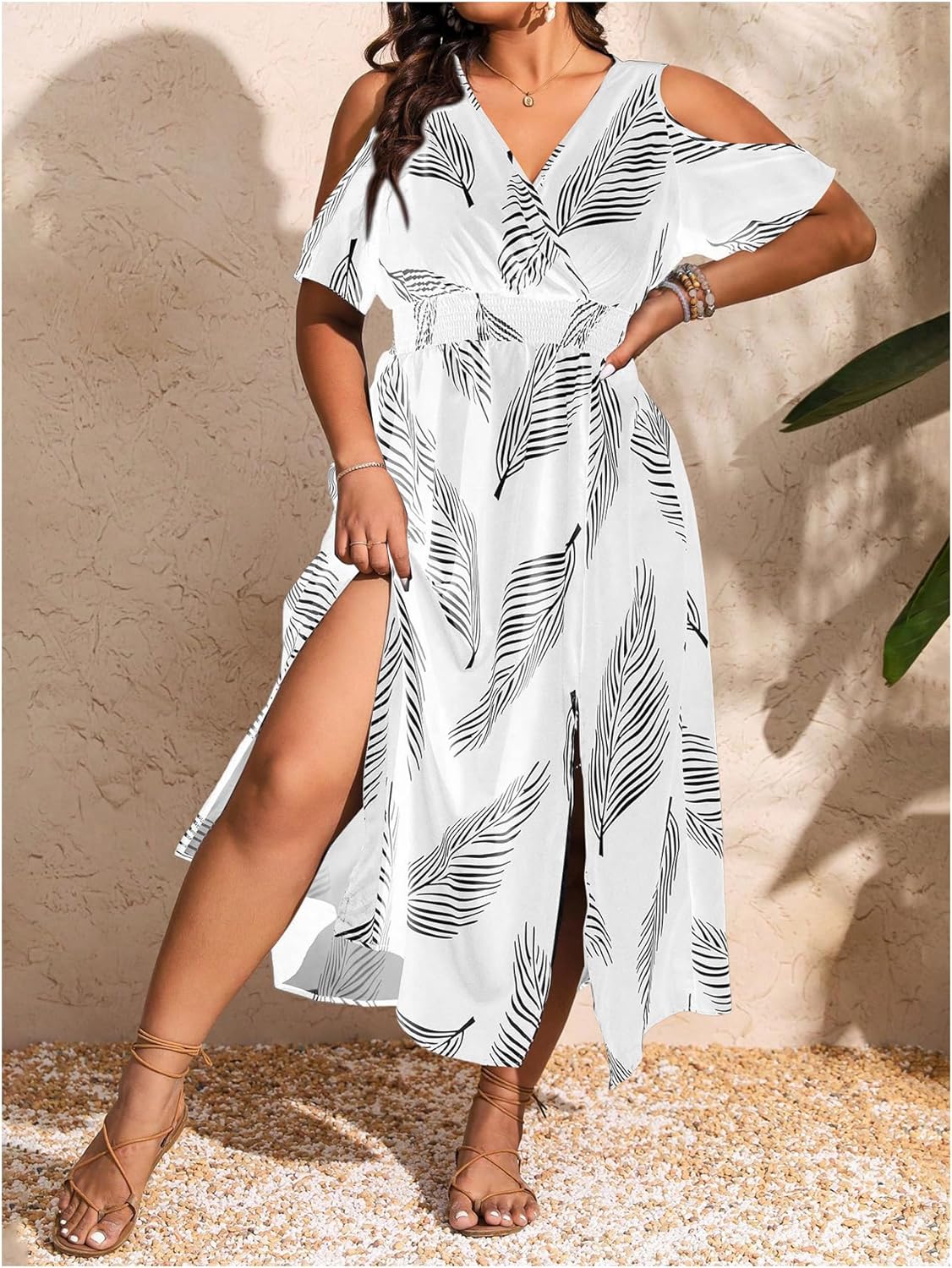 Floerns Women's Plus Size Cold Shoulder Tropical Print V Neck Flared A Line Long Dress - Image 5