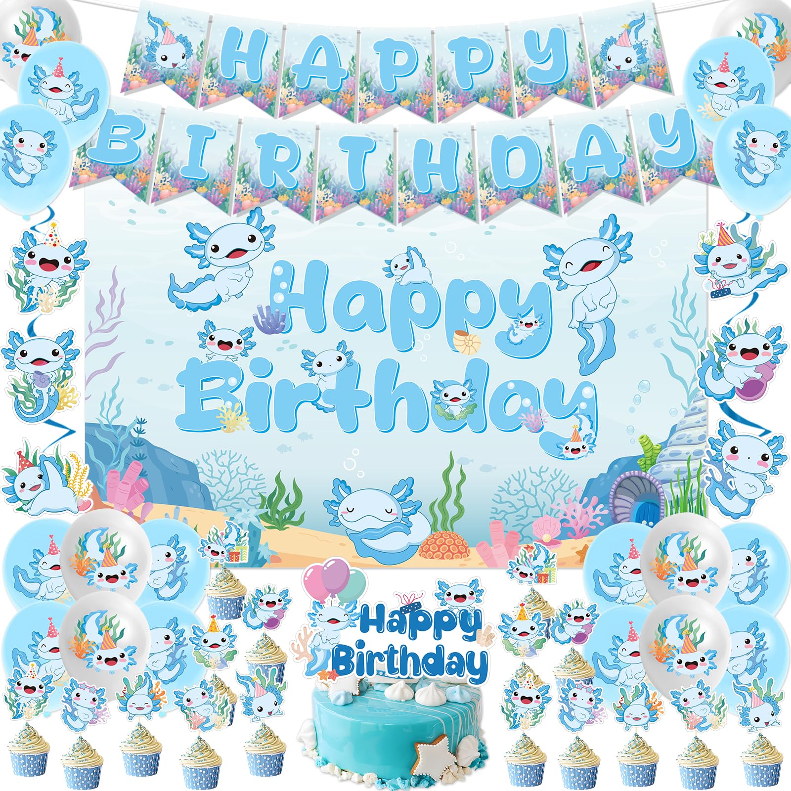 Refavor Axolotl Birthday Decorations Supplies, 44PCS Blue Axolotl Happy Birthday Decor Set for Girls Boys, Includes Backdrop Banner Cupcake Toppers