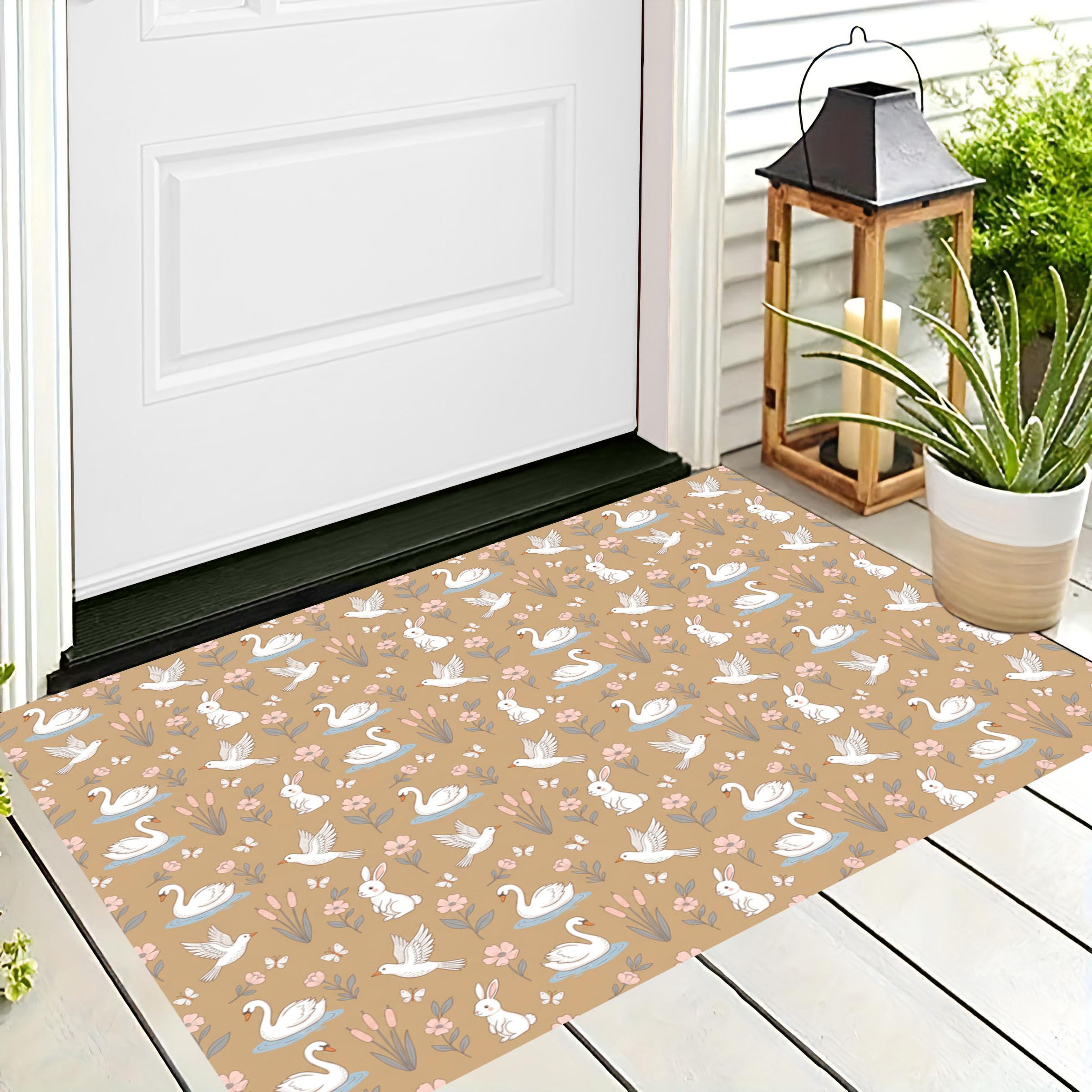 Felpudo con estampado floral de conejos, alfombra para entrada trasera y jardín marrón de 45x75
