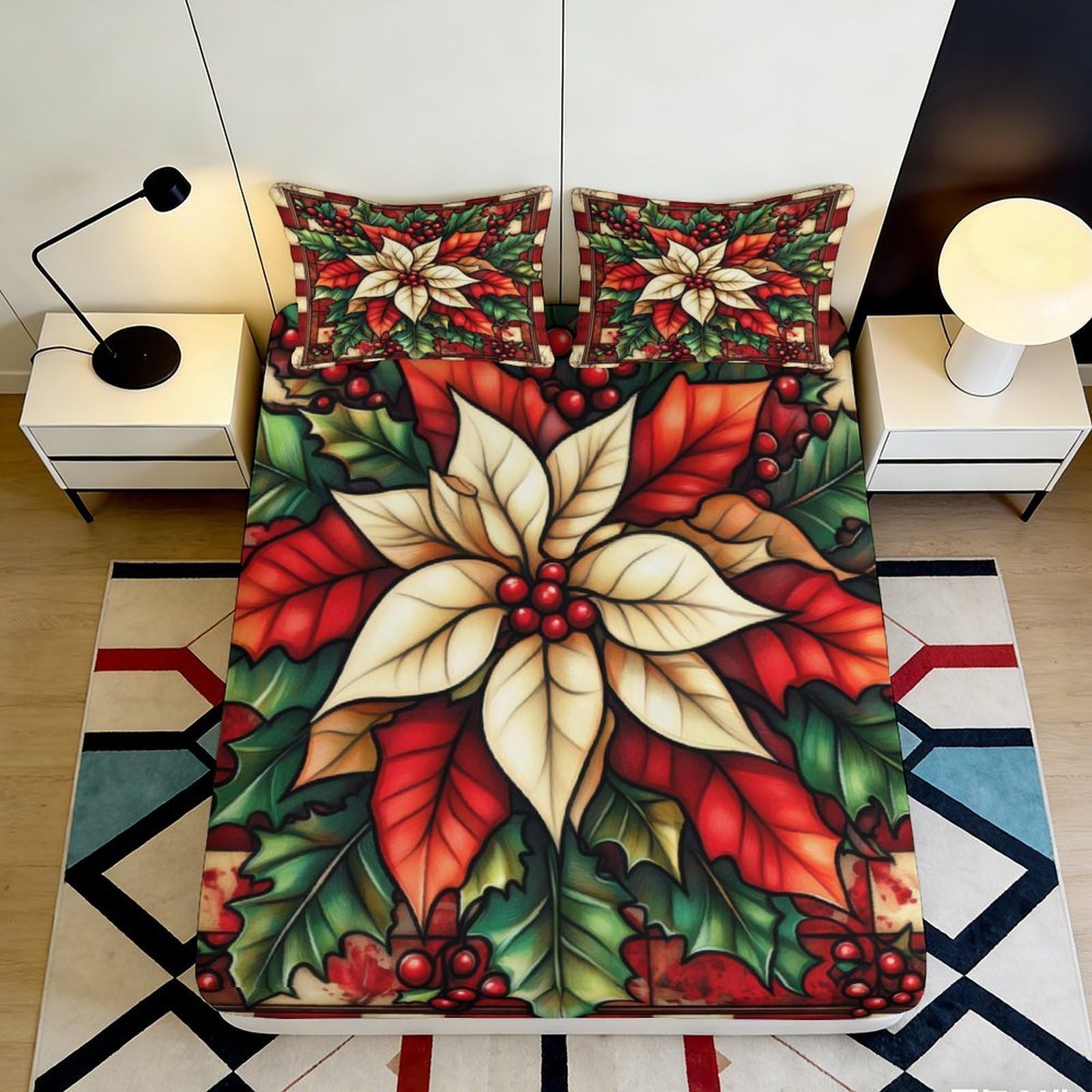 3D Printed Poinsettia Floral Fitted Sheet Microfiber Slip-Resistant Christmas Leaves Mattress Cover Bedroom Guest Room Decor 90x200x25cm