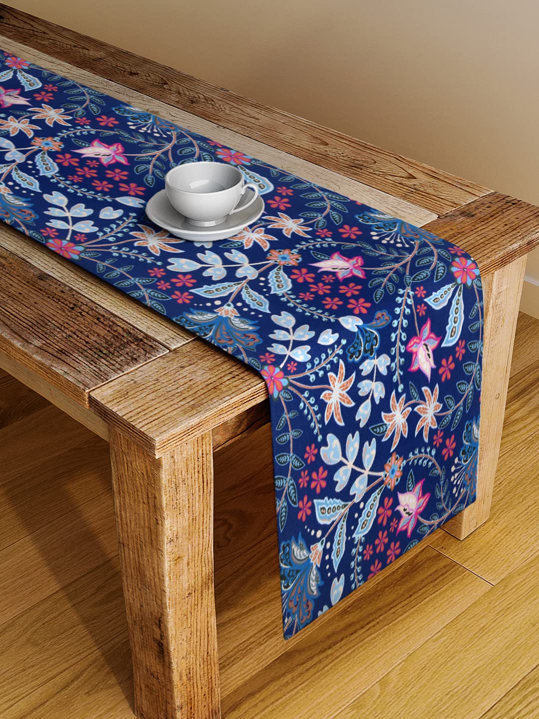 ALINA DECOR Poly Cotton Floral Pattern HD Printed Washable Table Runner for Dining Table 4-6 Seater (Navy Blue, 13 Inch X 58 Inch)