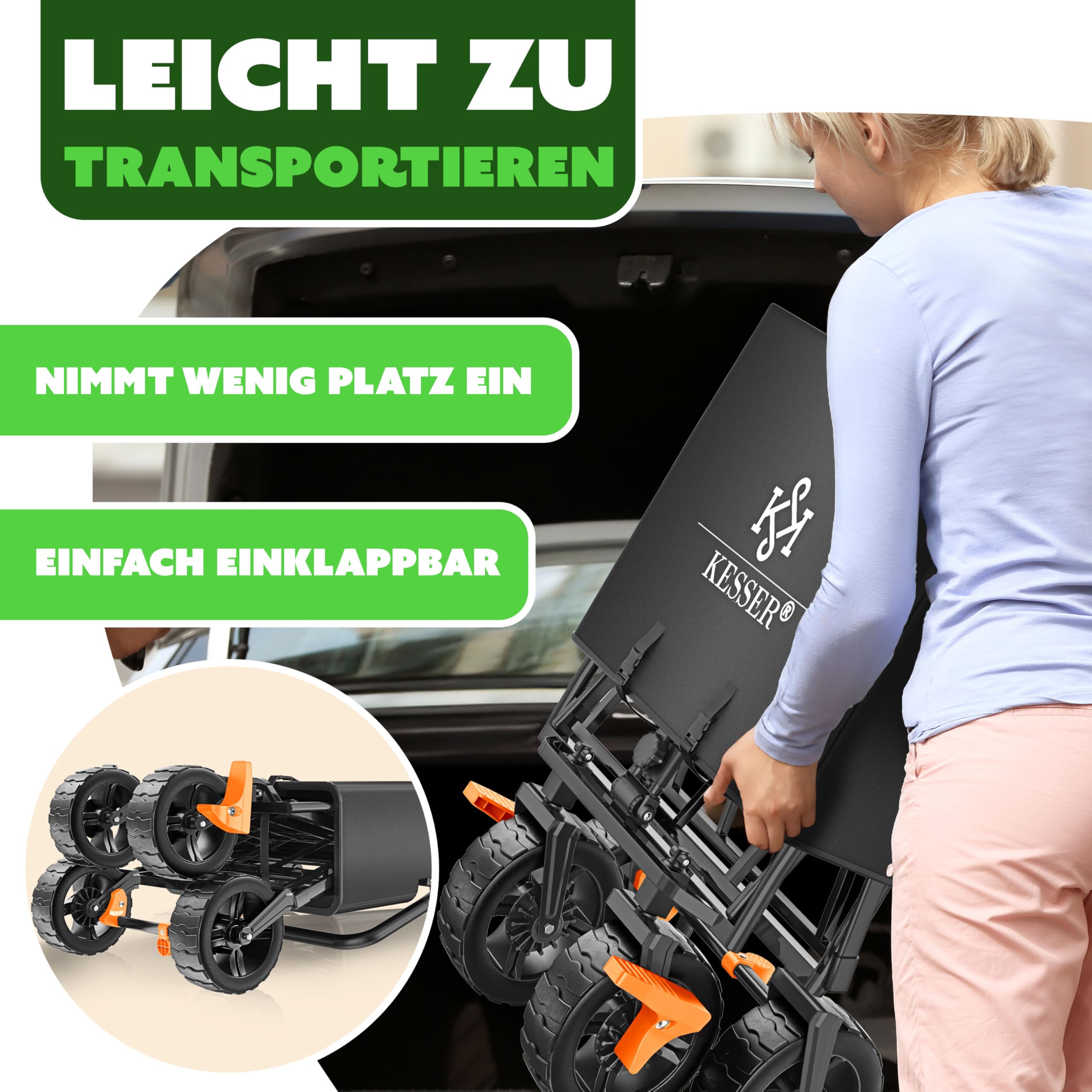 KESSER® XXL Bollerwagen faltbar mit Dach GT9000, klappbarer Handwagen bis 150 kg für Kinder, Strand, Camping & Garten, großer Transportwagen mit Hartgummi Rädern, Bremsen vorne & hinten + Tragetasche