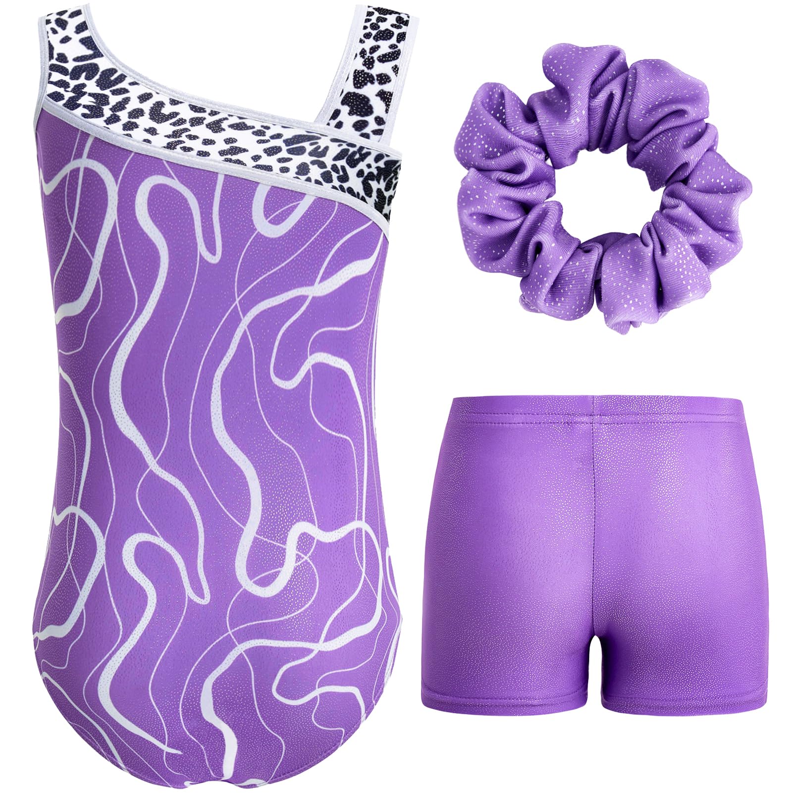 Gogokids - Set da ginnastica in 3 pezzi, con scollo a Y, senza maniche, con pantaloncini e fascia, con motivo a blocchi di colore blu e viola, 3-12 anni