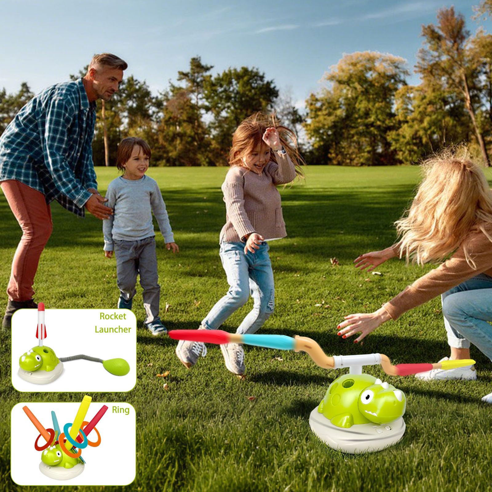 Giochi all'aperto 3 in 1, macchina sportiva multifunzionale con lanciarazzi e gioco di lancio ad anello e salto cancellare, giochi da giardino con telecomando e musica, giocattoli sportivi