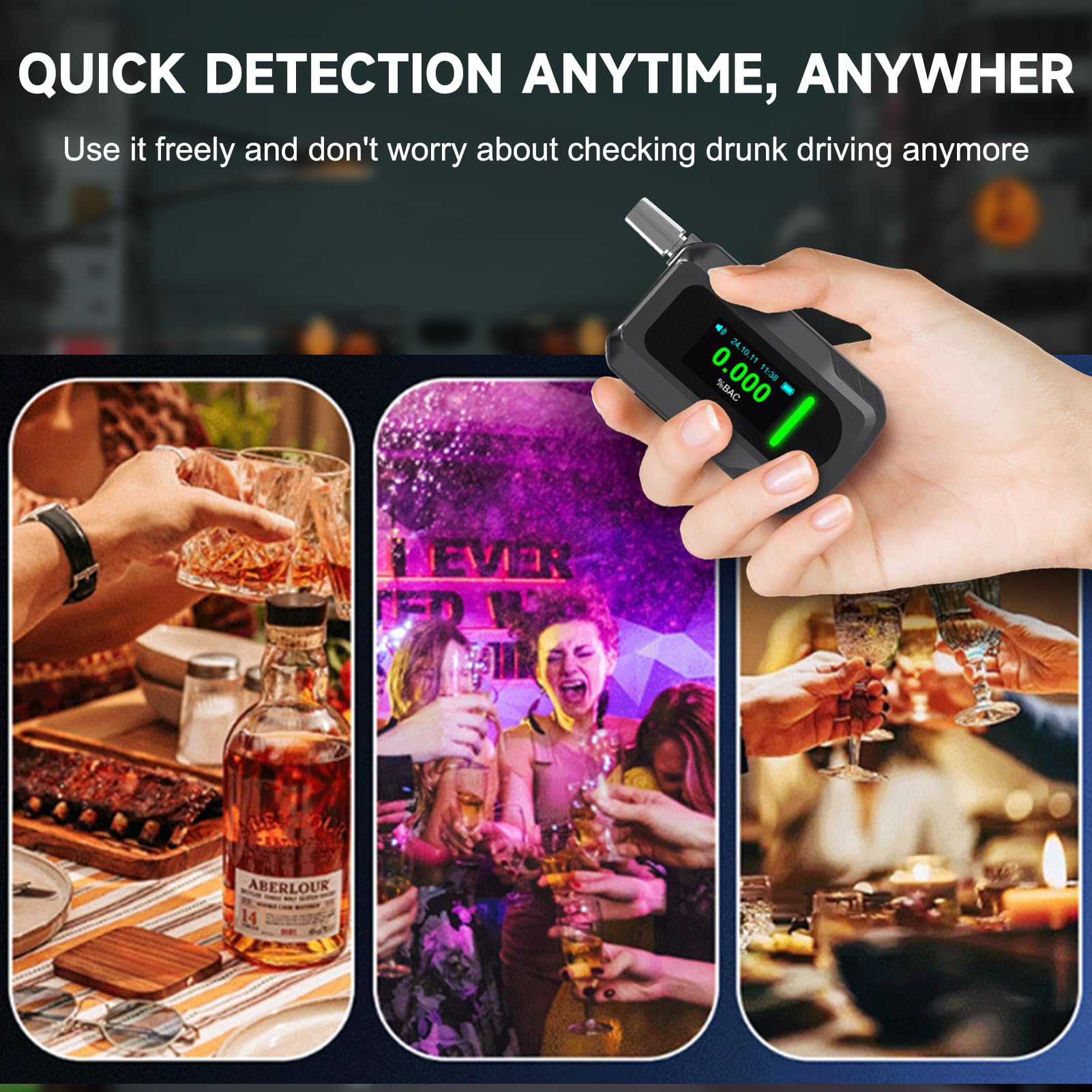 Alcoholímetro Policial con 10 boquillas, Etilometro Homologado portátil con Sensor electroquímico y Recargable USB, Test Alcoholemia de precisión Profesional para Uso en hogar/Coche