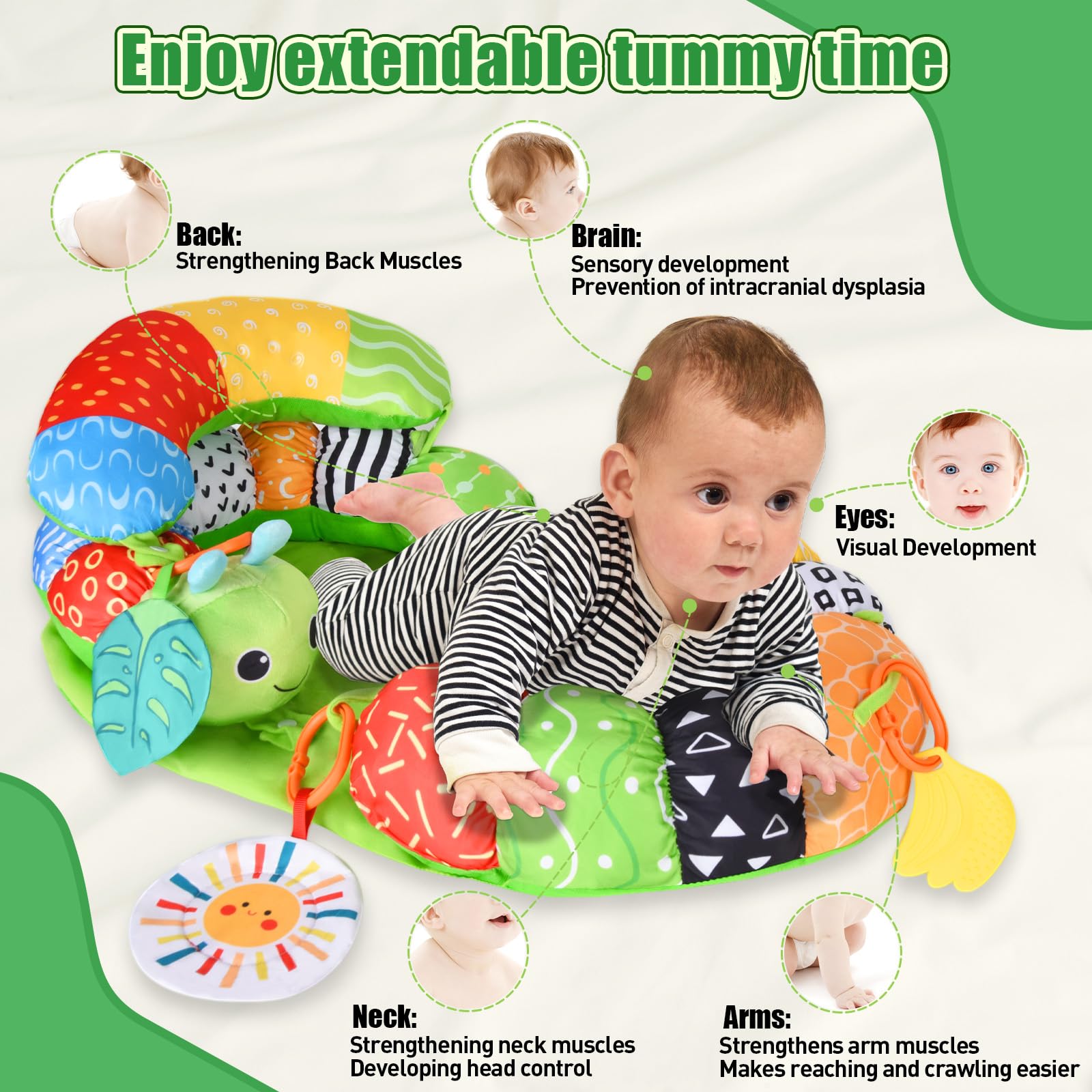Ulikey 3 in 1 Bauchlage Spielzeug Baby, Abnehmbar Raupe für Baby, Bauchlage Helfen Sitzen Stützen Babyspielzeug 3 6 9 Monate mit Rassel, Beißring, Spiegel
