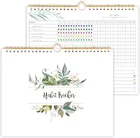 Calendário rastreador de hábitos - 12 meses sem data, diário, semanal e mensal, periódico de rastreador de hábitos, vegetação floral, encadernação em espiral com metas de escrita e materiais de