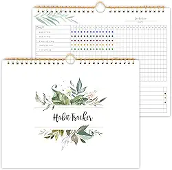 Calendário rastreador de hábitos - 12 meses sem data, diário, semanal e mensal, periódico de rastreador de hábitos, vegetação floral, encadernação em espiral com metas de escrita e materiais de