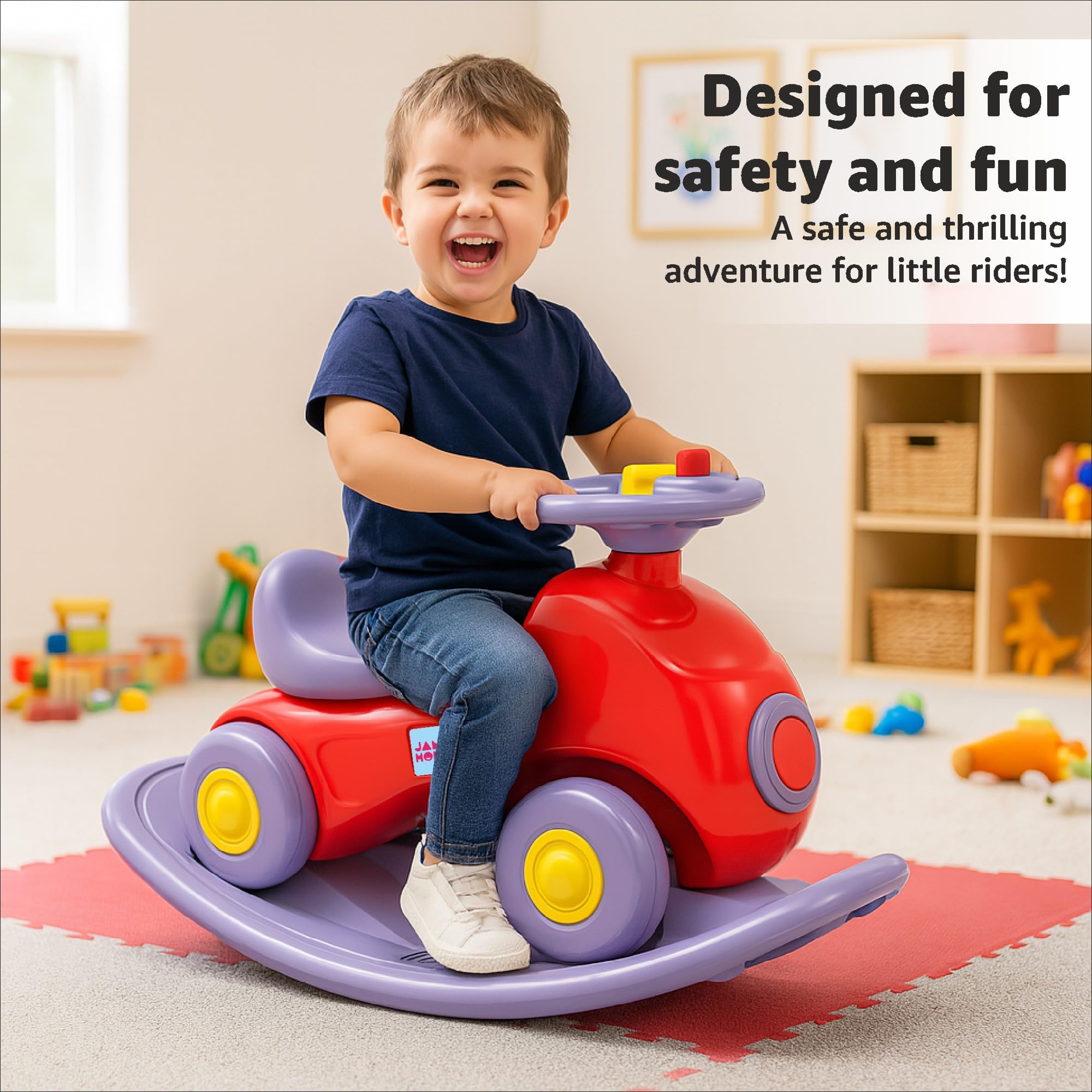 Amazon Brand - Jam & Honey 3 in 1 Car Ride On,Rocker and Balance Board for Kids | for 18+ Months | Push Car with Backrest | Steering Wheel | Indoor or Outdoor Toy | BIS Approved | Safe and Fun Toy