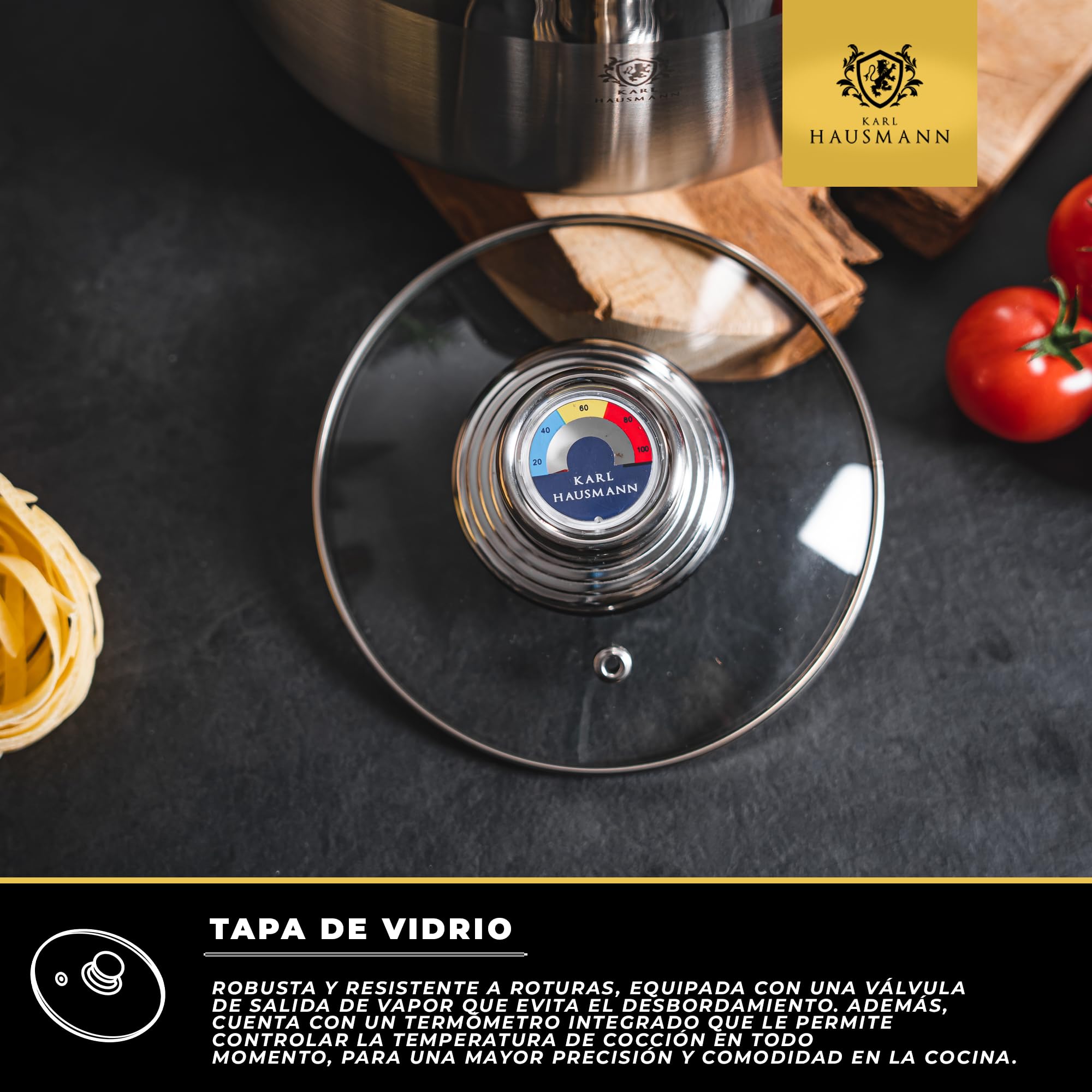 KARL HAUSMANN Batería de Cocina 4 Piezas Acero Inoxidable con Tapas Termómetro - Ollas Inducción, Juego de Ollas Cocina Uso Diario, Gas, Eléctrica, Vitrocerámica, 4 Tamaños