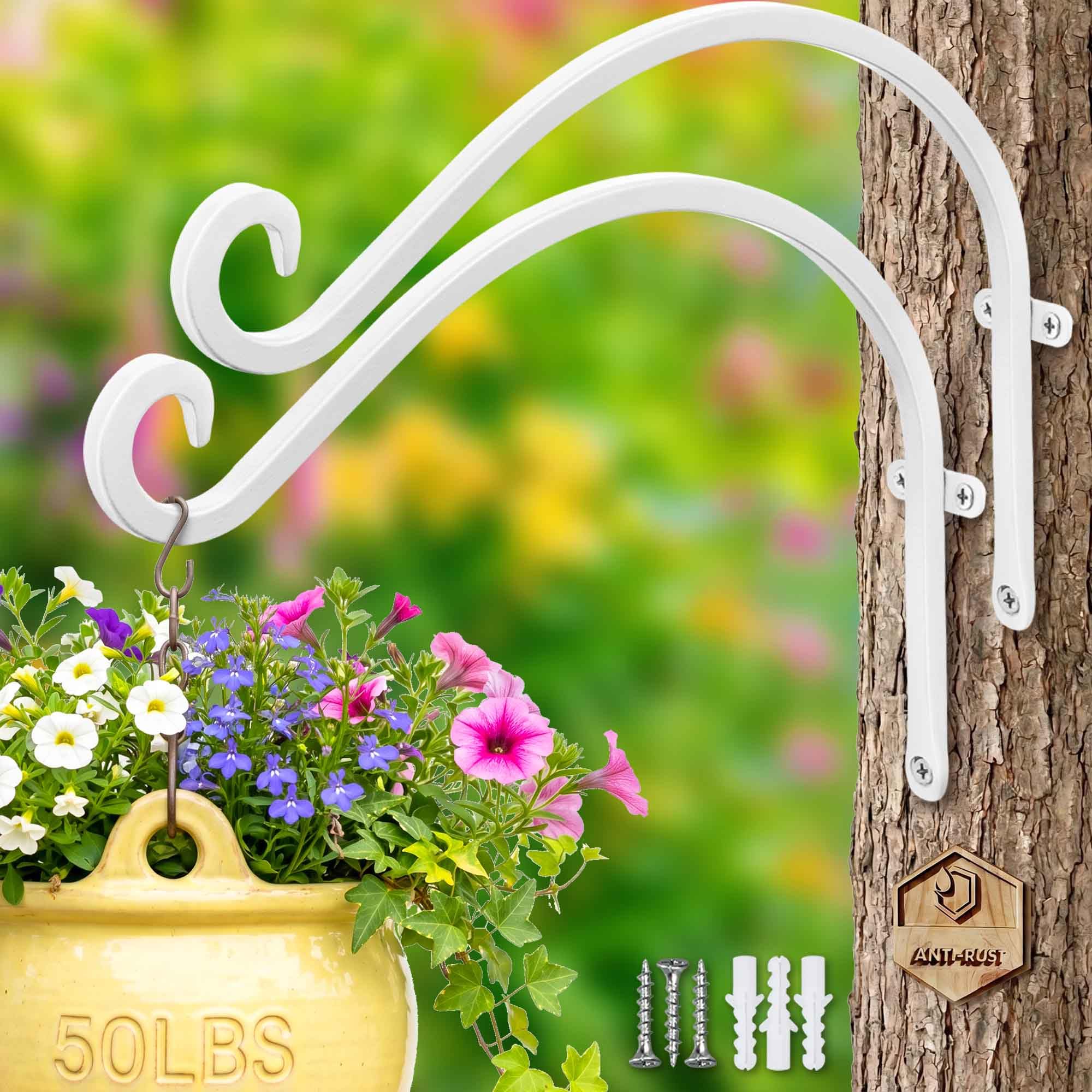 Qiang Ni Colgador de comederos para pájaros (2 piezas/12 pulgadas), soporte para colgar plantas al aire libre más estable y resistente, blanco