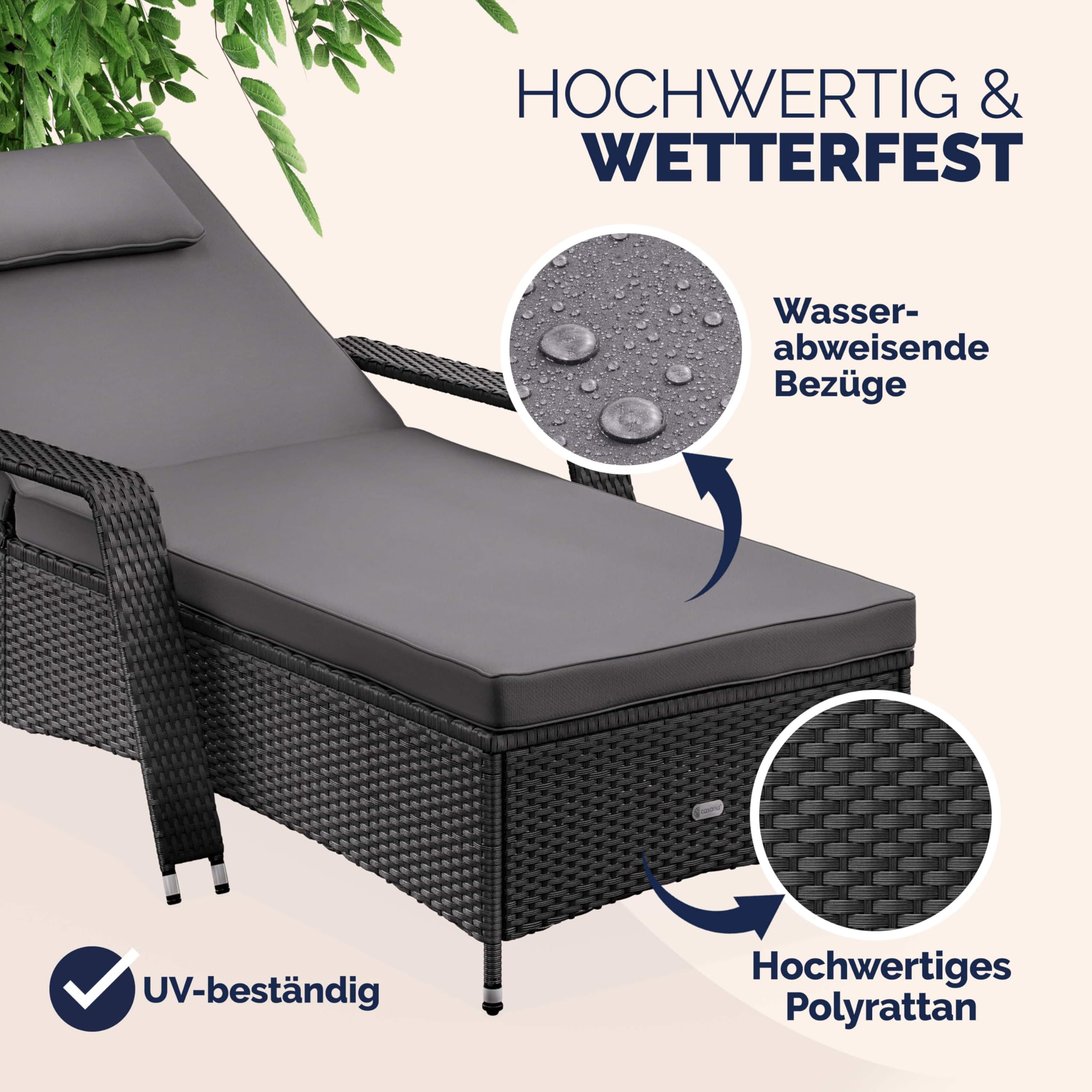 Casaria® Sonnenliege 2er Set mit Rollen 7cm Auflage Extra Breit 90cm Gartenliege Wetterfest 165kg Belastbar Terrasse Balkonmöbel Liegestuhl Schwarz Anthrazit
