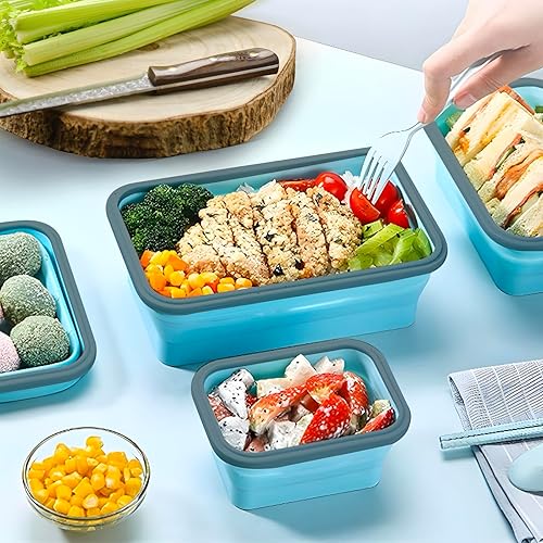 Miniatura 6 de GEMLORD 10 recipientes plegables de almacenamiento de alimentos de silicona con tapas herméticas, 5 piezas rectangulares y 5 cuencos redondos para
