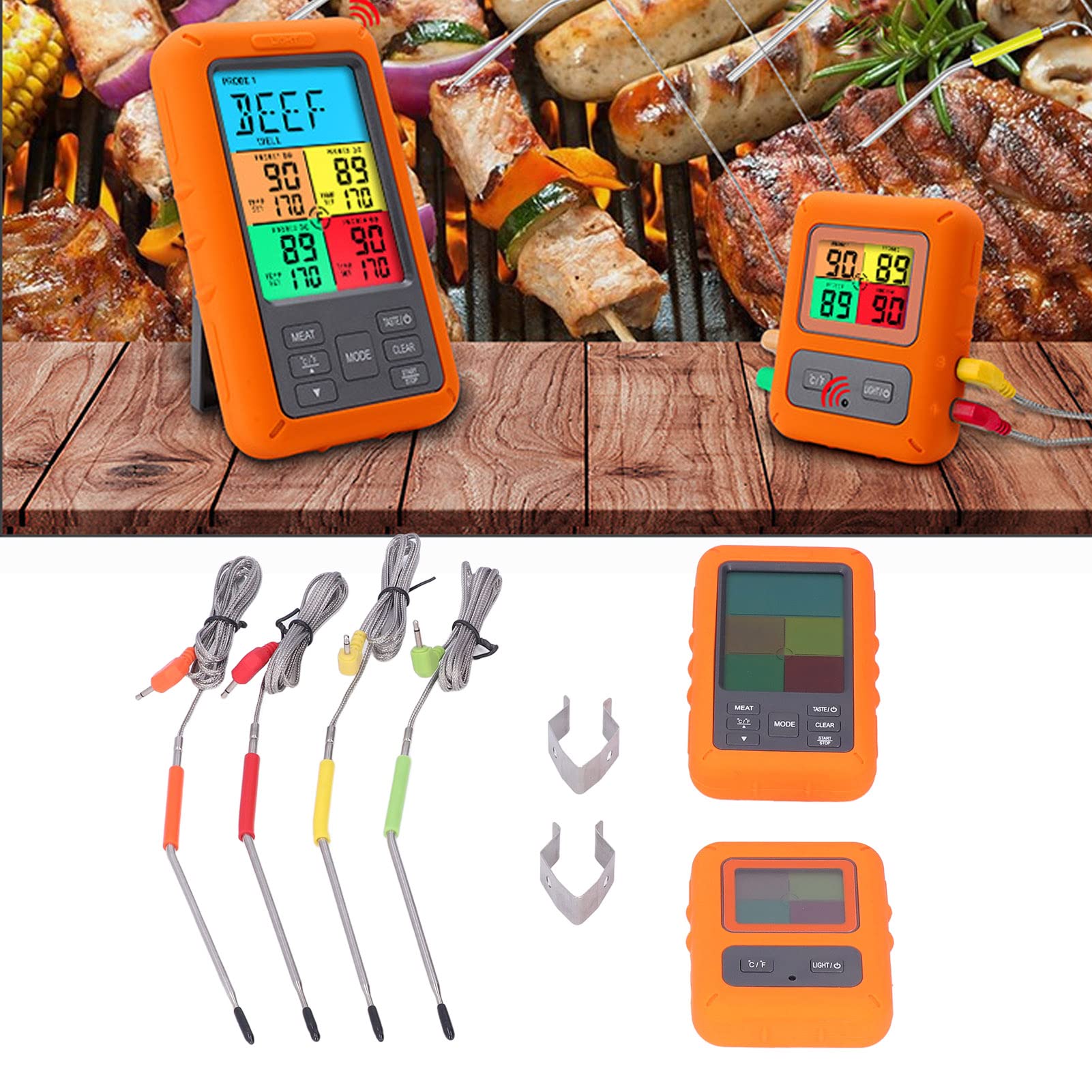 Termometro Per Carne Wireless, Termometro Digitale Per Barbecue Con 4 Sonde, Display LCD Retroilluminato, Funzione Allarme, 9 Impostazioni Carne Preimpostate USDA, Per Cottura