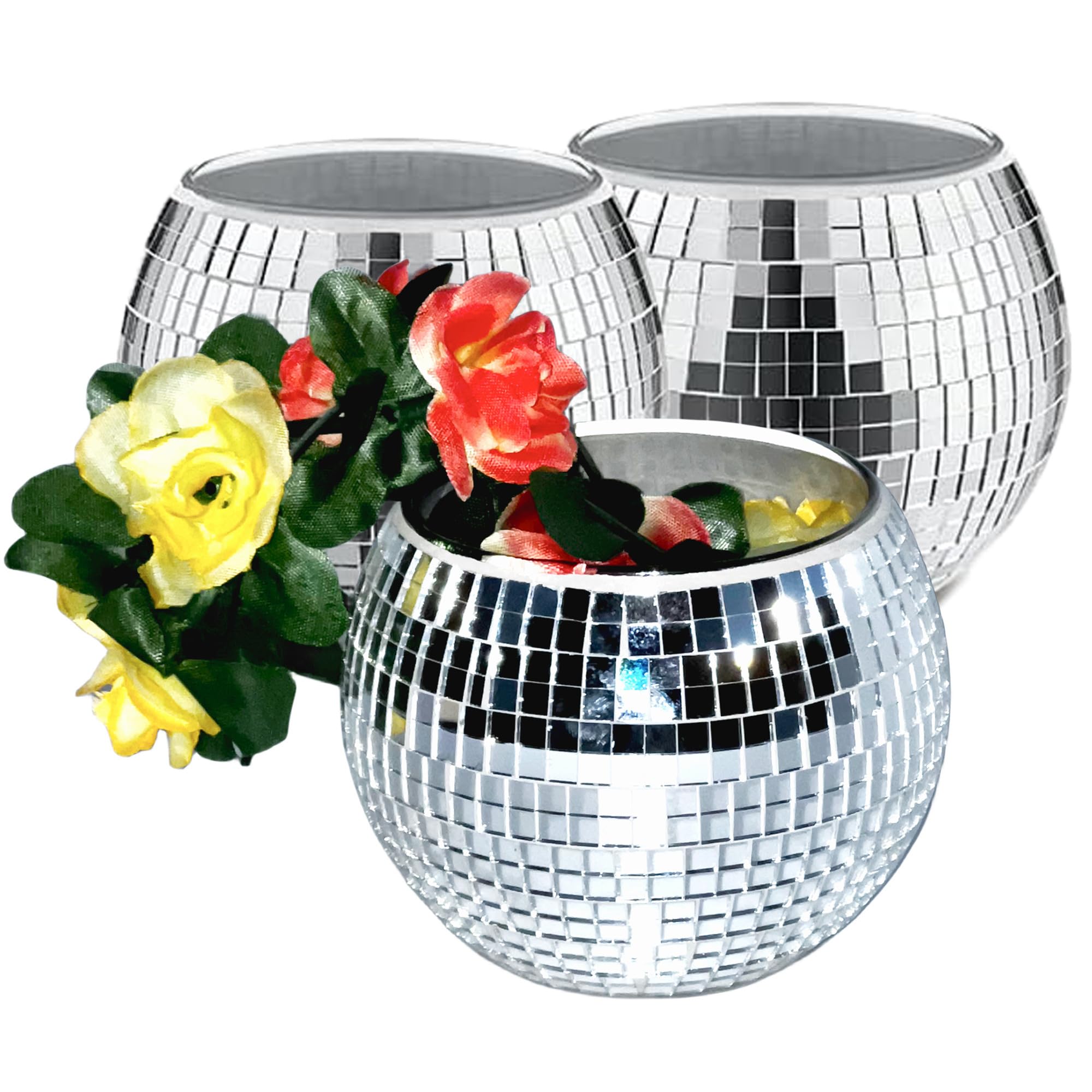 Qiumyanlod Pot De Fleurs Disco, Pot De Fleurs Disco, Bol Disco, Vase Boule Disco, Vase à Boule Disco, Vases En Mosaïque En Verre Miroir Argenté Pour Centres De Table, Fête, Bar, Bureau