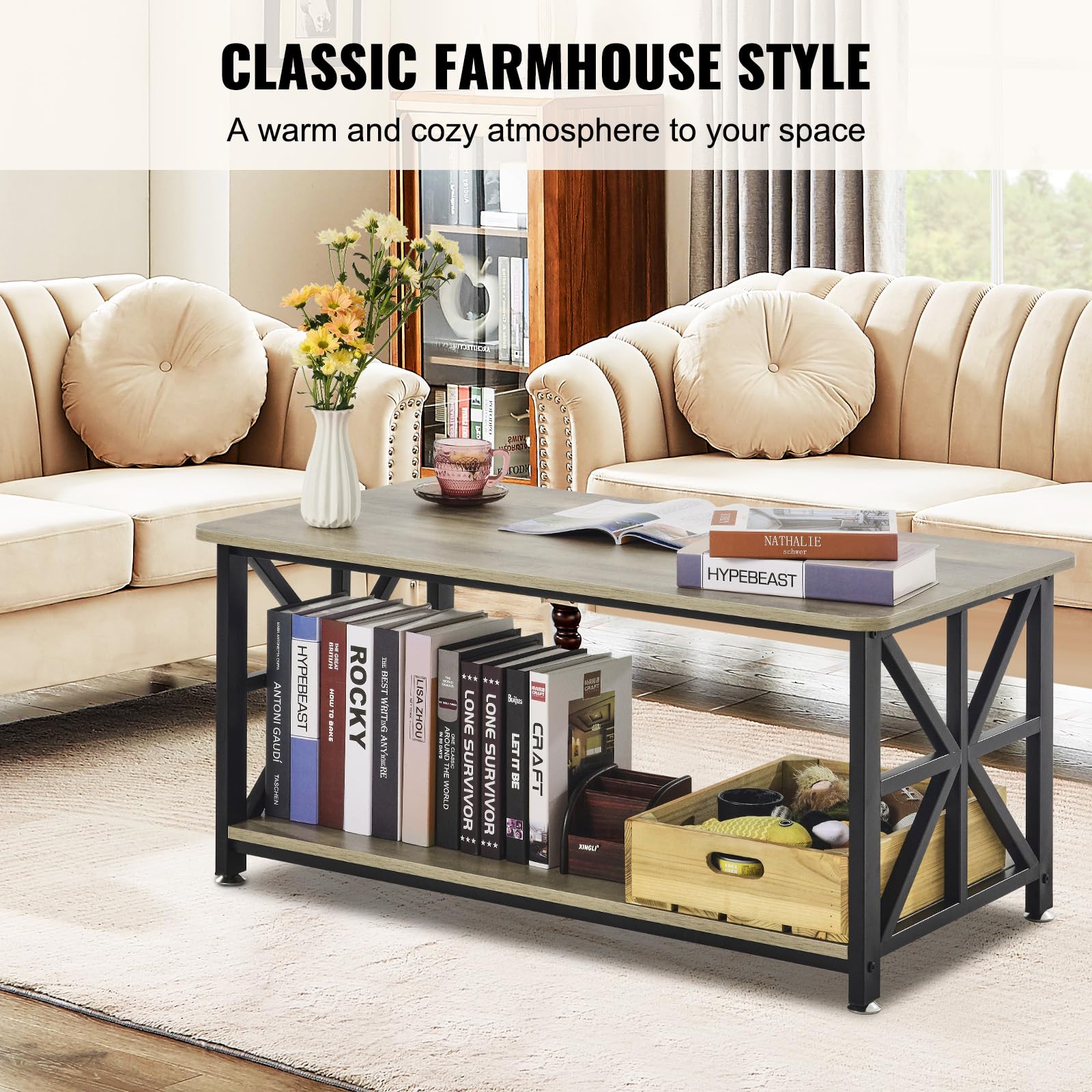 VEVOR Mesa de Centro Rústica de 1000 x 500 x 465 mm, Mesa de Centro Rectangular con Compartimento de Almacenamiento Abierto Mesa de Madera para Sala de Estar, Apartamento, Dormitorio, Marrón y Negro