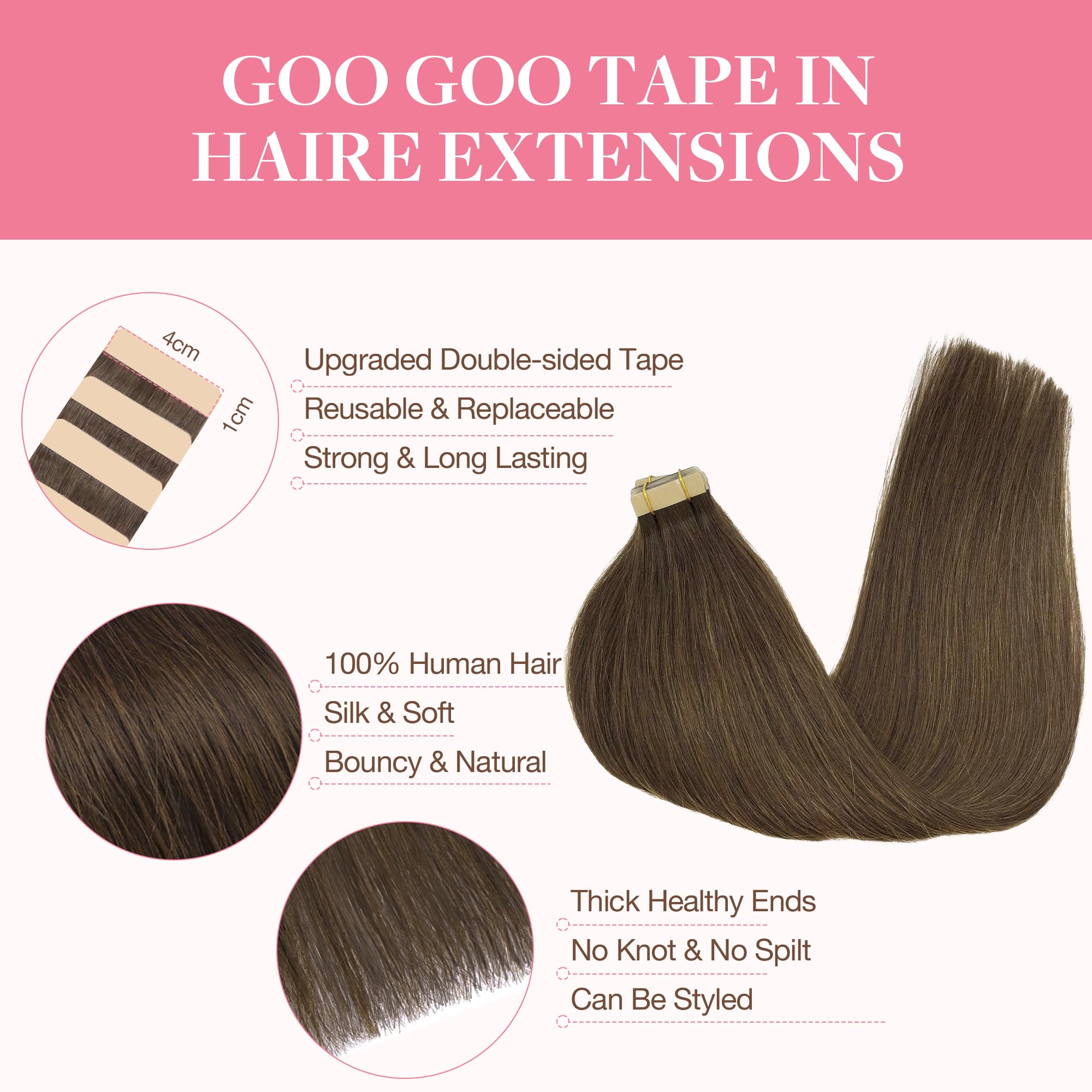 GOO GOO Tape in Hair Extensions Human Hair, 20pcs 50g 16inch, Chocolate Brown Real Remy Hair Extensions Seamless Straight Human Hair Extensions - 2