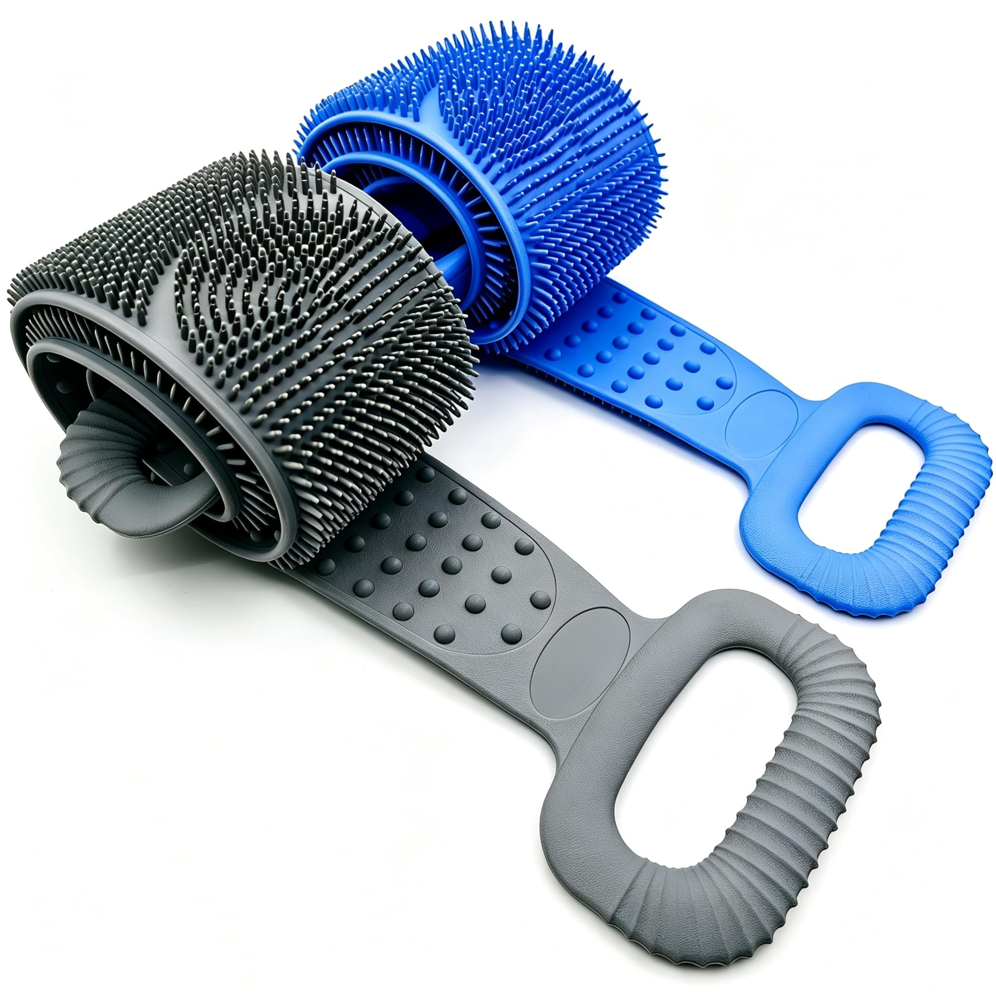 Sofine® Paquete de 2 limpiadores de silicona para ducha, exfoliante corporal de baño de doble cara de 31.5 pulgadas, cepillo de ducha extralargo con asa, aplicador de espalda, exfoliante de espalda
