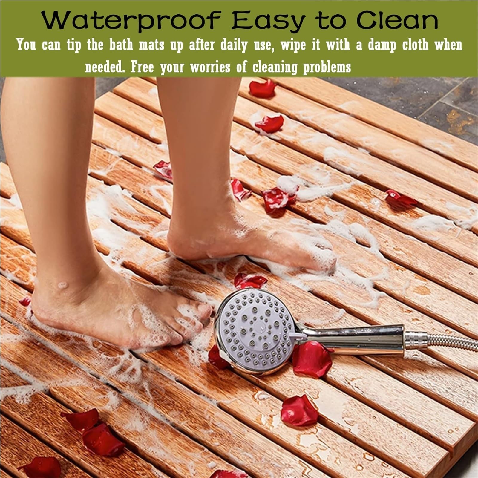 Alfombrilla de ducha de madera resistente al agua, 80 x 40 cm, alfombra de baño de madera maciza, fácil de limpiar y mantener, accesorio de baño duradero, almohadilla antideslizante para ducha R