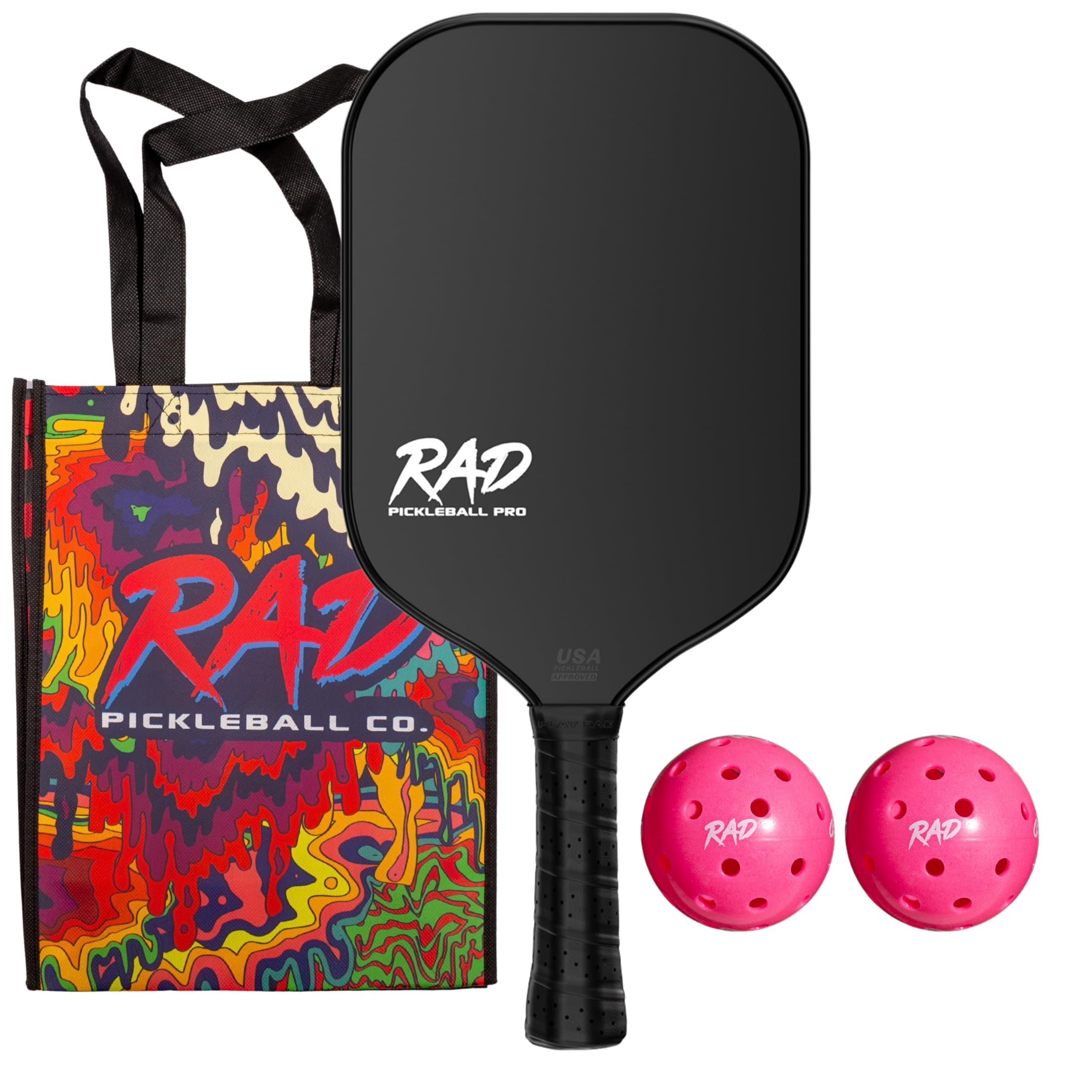RAD Epic Pro Pickleball Paddle Set – USAPA Approved – T700 Carbon Fiber Surface & 16mm Full-Cell Polypropylene Honeycomb Core for Power & Control – Includes Outdoor Pickleballs & Tote Bag