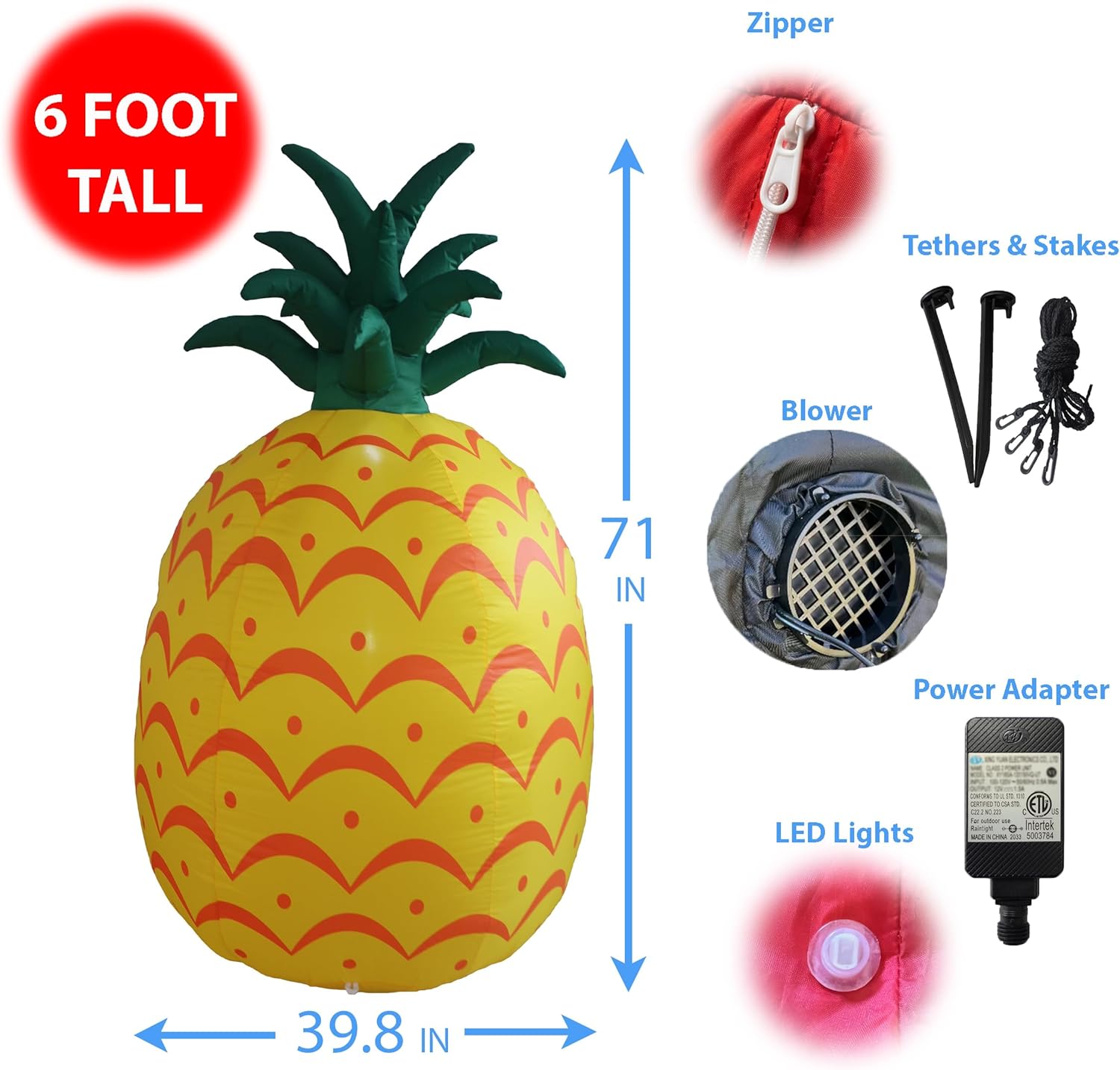 6 Foot Tall Jumbo Summer Party Inflatable Yellow Pineapple Pre-Lit LED Lights Outdoor Indoor Lawn Yard Holiday Decoration Blow up Home Garden Decor
