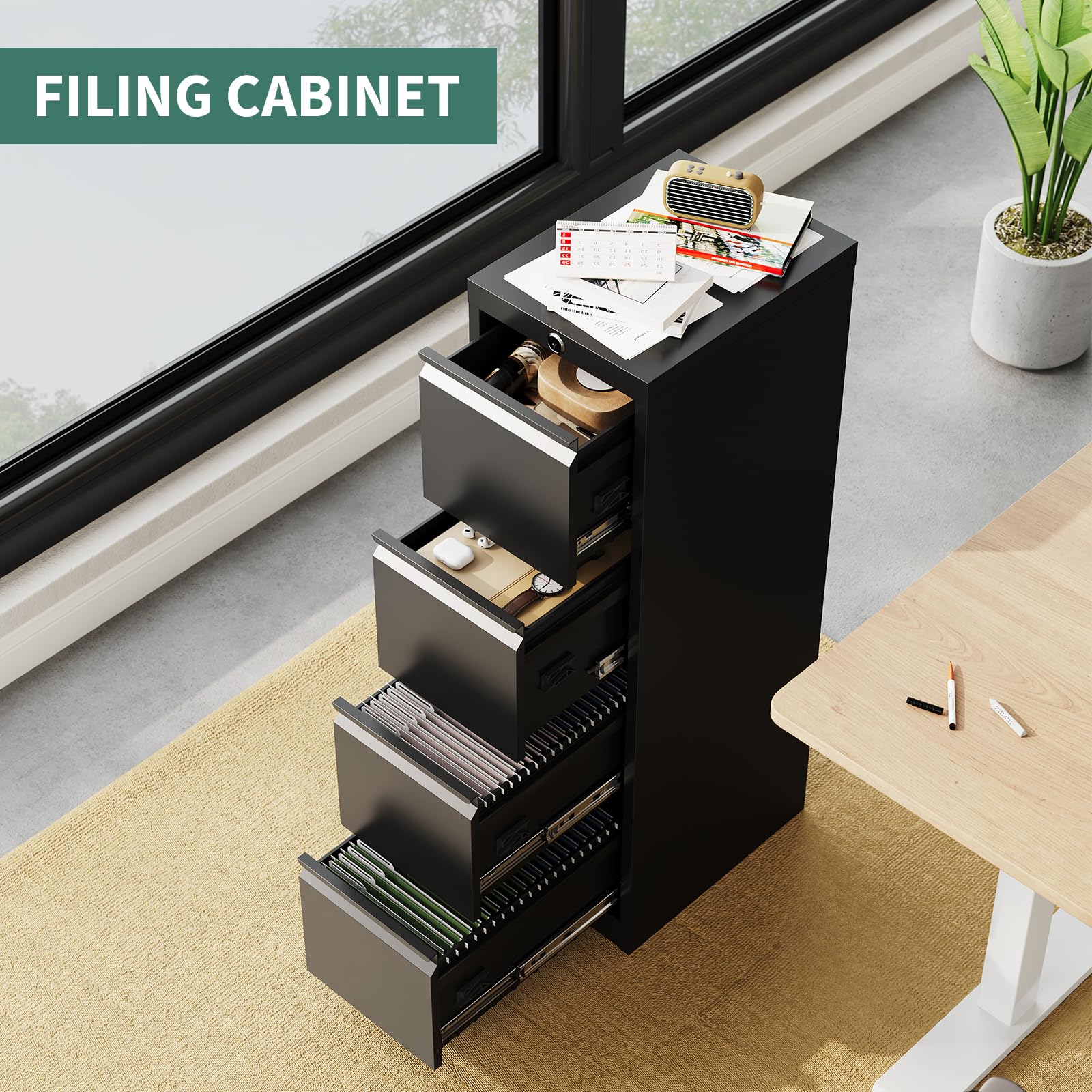 Garvee Classeur à dossiers métallique 4 tiroirs sécurisé – Rangement Vertical Robuste pour Documents A4/Légal/Lettre/F4 – Idéal Bureau – Serrure intégrée – Couleur Noire