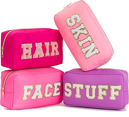 HBselect Bolsa de maquillaje preppy de nailon, bolsa de cosméticos de chenilla, bolsa de cosméticos de viaje, bolsa de aseo de gran capacidad, bolsa