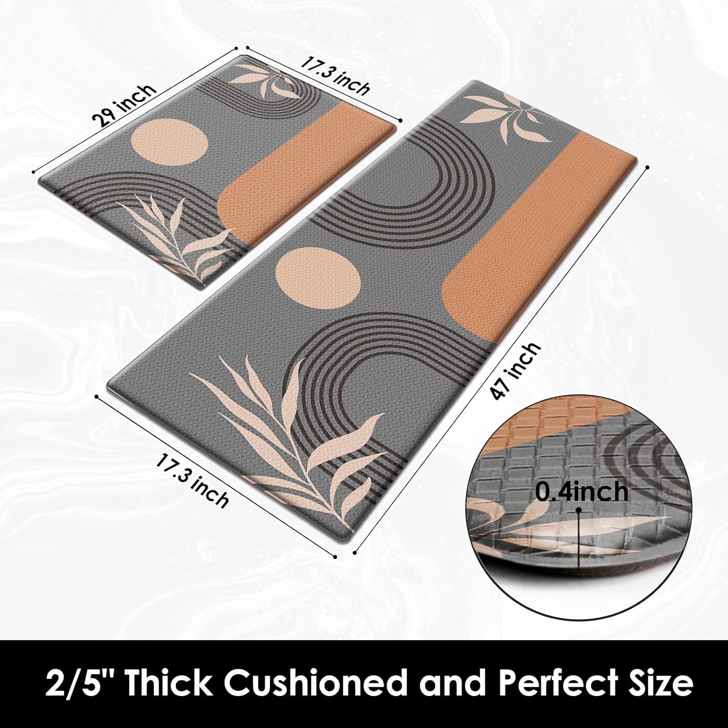 Kitchen Mats for Floor 2 PCS, Anti Fatigue Mat Set, Boho Cushioned Non Slip Waterproof Kitchen Rugs, Wipe Clean PVC Leather Runner for Sink, Laundry, Office, 17"x47"+17"x29", Brown
