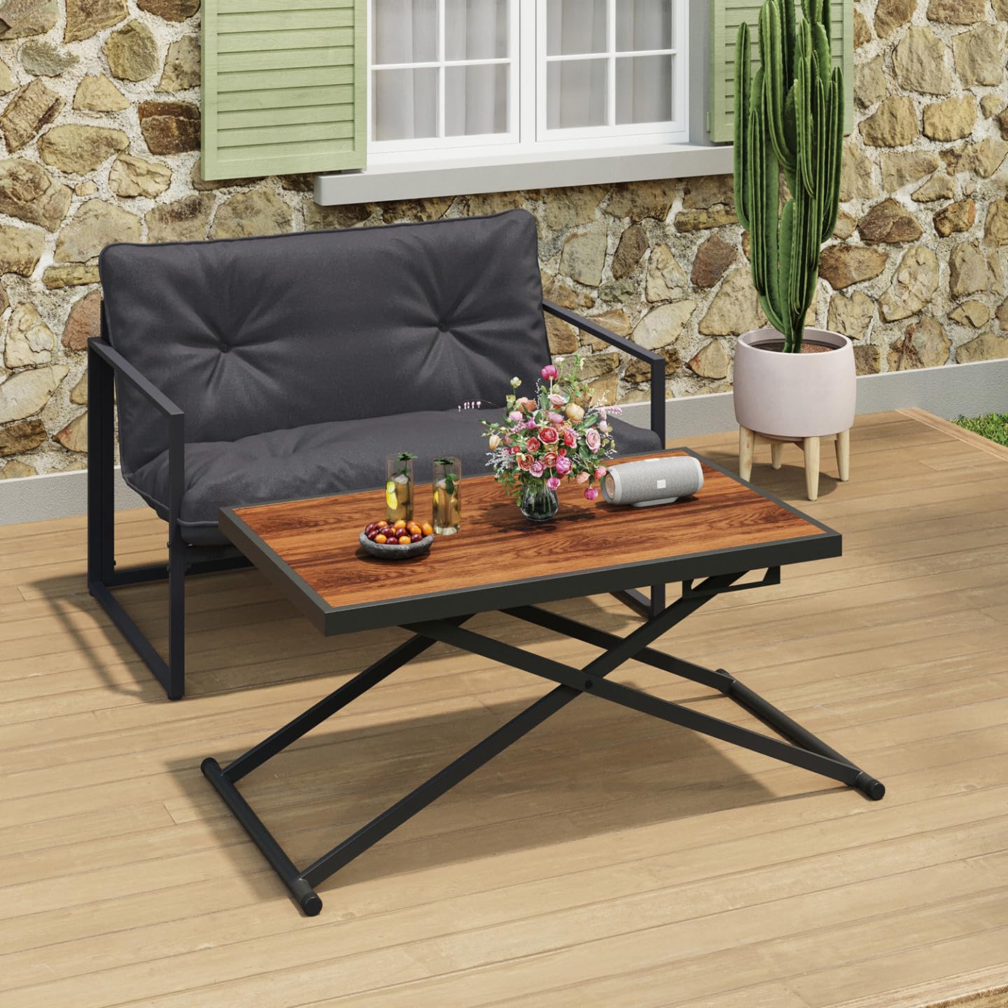 Table de Jardin à Hauteur réglable 3 Positions Olie 100 cm Métal Noir Plateau Effet Bois