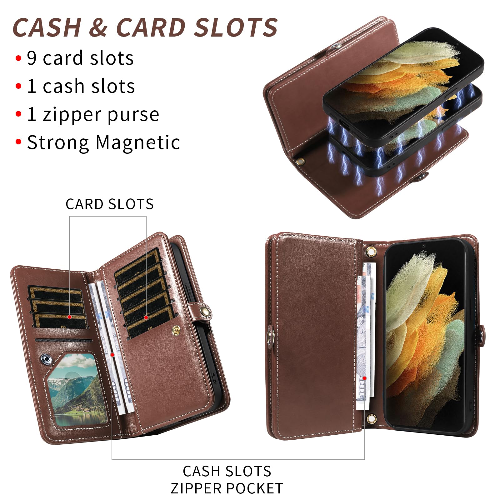 Asuwish Coque de téléphone pour Samsung Galaxy S21 Ultra 5G - Portefeuille à fermeture éclair amovible avec protecteur d'écran en verre trempé - Dragonne - Porte-cartes à fleurs - S21ultra 21S S 21