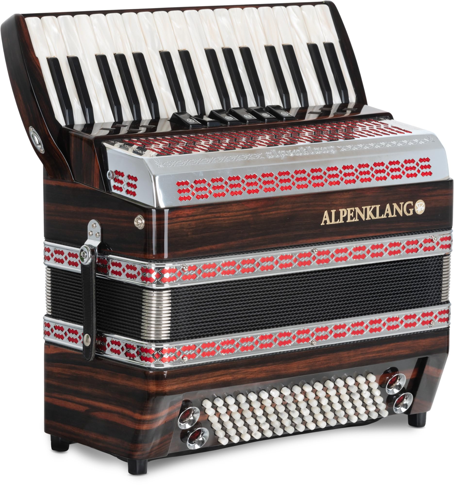 Alpenklang Pro Akkordeon III 96 Tasten-Steirische Ebenholz, 96 Bässe | 34 Diskant-Tasten aus Perlmutt, Helikon-Bässe, 6 Diskant-Register, 3-chörig im Diskant, Aufwendig verarbeitetes Chromverdeck