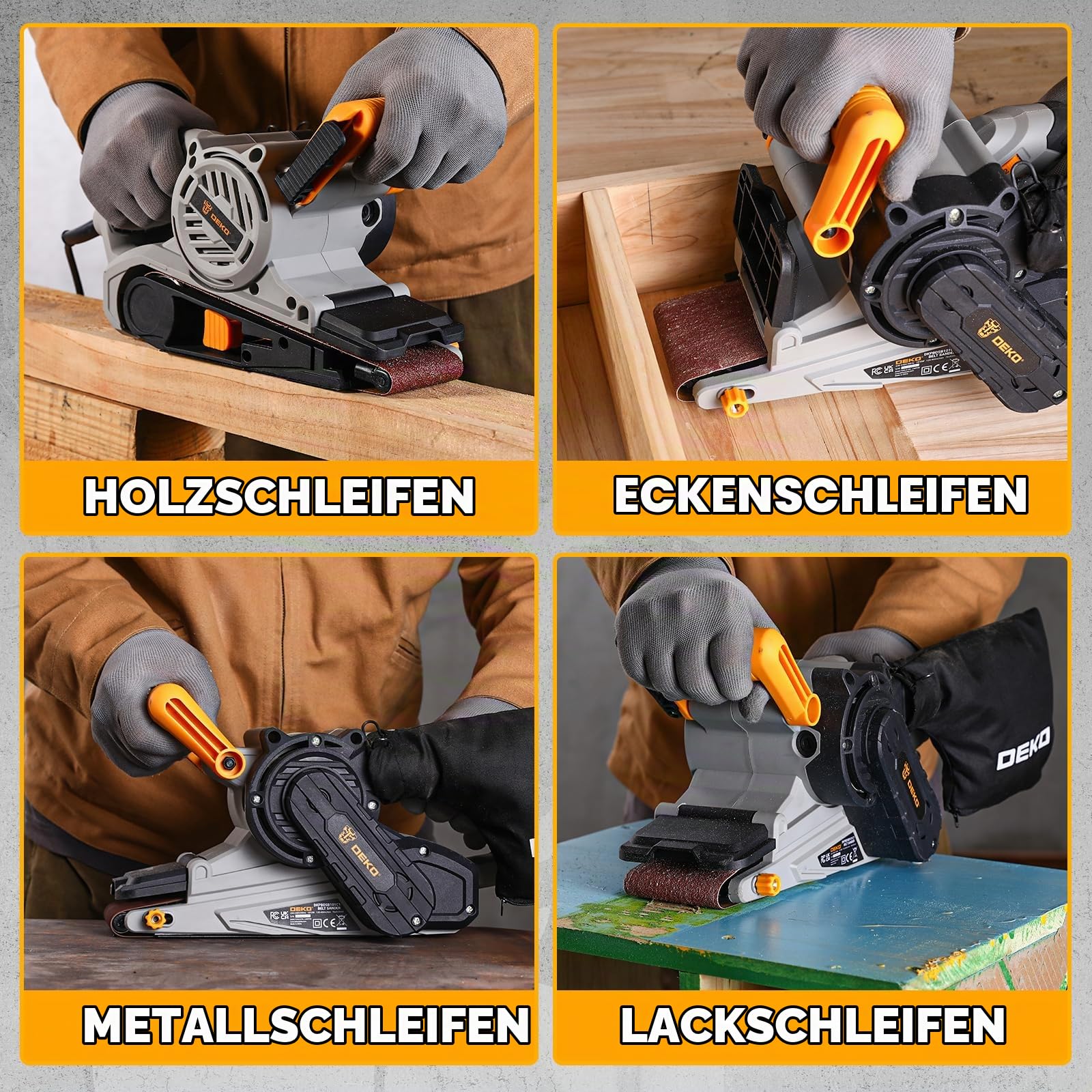 DEKOPRO 1010W Bandschleifer mit verstellbarer Geschwindigkeit 120-400m/min, Schleifmaschine für Holz mit verstellbarem Vordergriff Abdeckung, inkl. 10 Schleifbändern, Staubbeutel & 2 Metall-C-Klemmen