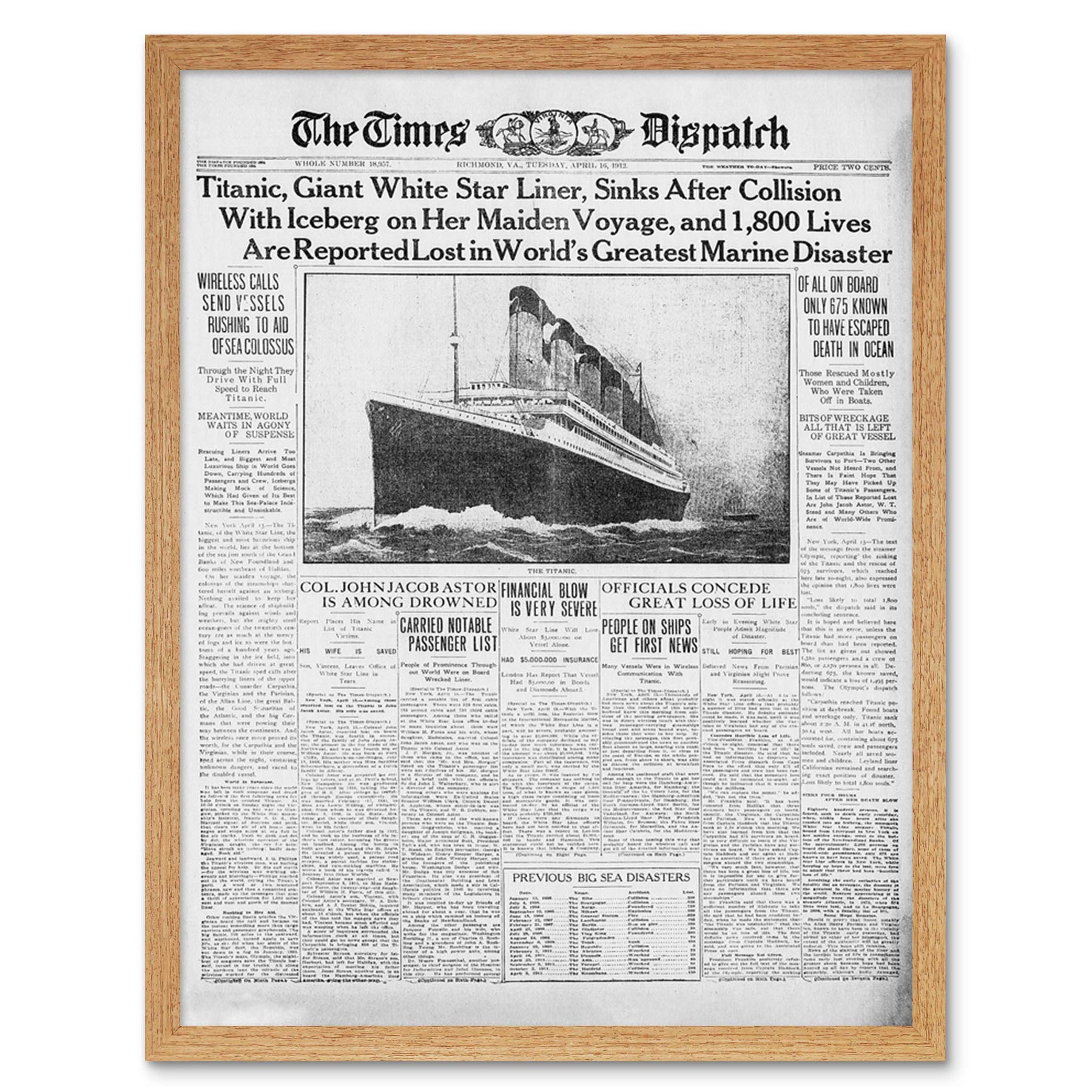 Newspaper Front Sheet Page Titanic Disaster 1912 Times Despatch Art Print Framed Poster Wall Decor 12x16 inch