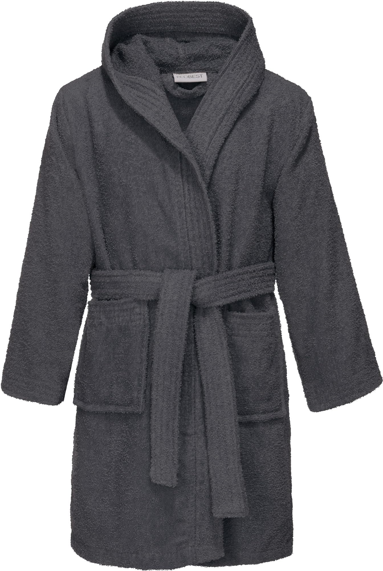 REDBEST Kinder-Kapuzen-Bademantel 100% Baumwolle Frottier, Serie Chicago - saugstark, strapazierfähig, mit Taschen und Bindegürtel
