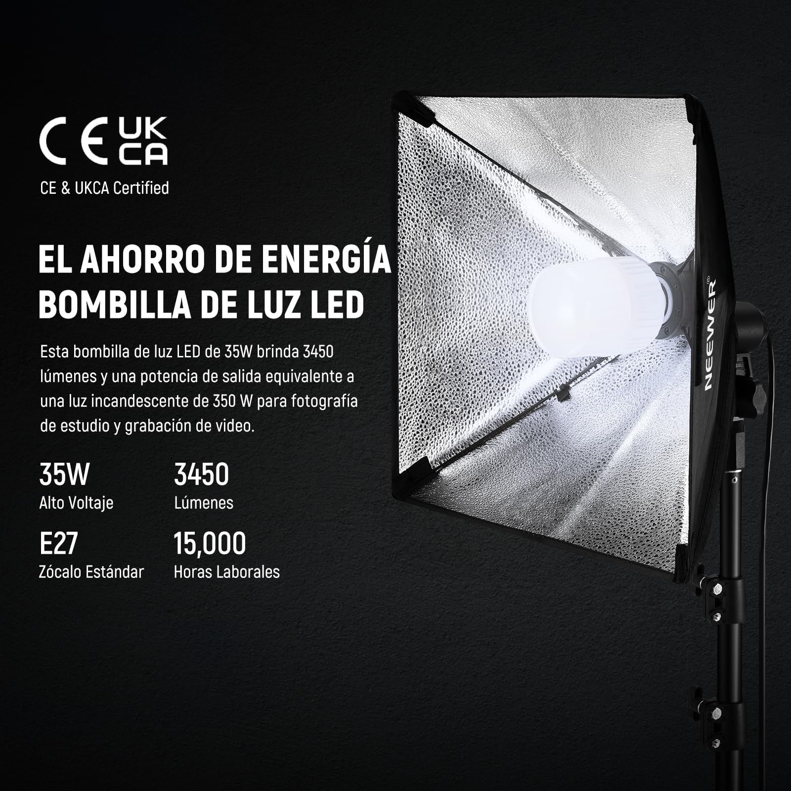 NEEWER 40x40cm Kit de iluminación Softbox con Bombilla LED de 35W E27 (EU Plug) Certificación CE y UKCA, Soporte de luz de 180cm para luz fotografía Grabación de Video TikTok Live Streaming,SF40