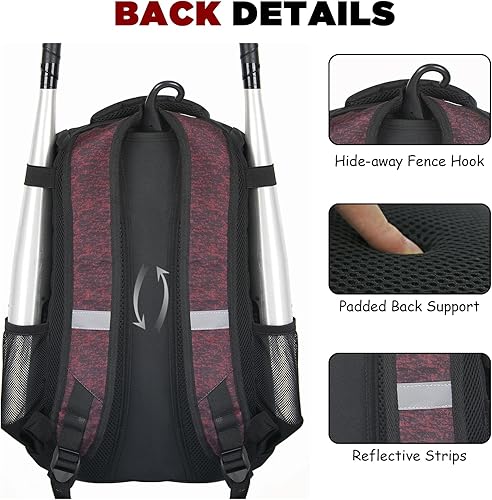 Miniatura 5 de Goloni Bolsa de béisbol juvenil,Bolsa de sóftbol con compartimento para zapatos,Mochila de béisbol con gancho de valla para bate y equipo de TBall