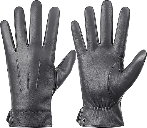 Dsane Guantes de cuero de oveja genuina de invierno para hombres, guantes de motocicleta de conducción con forro de cachemira para pantalla táctil
