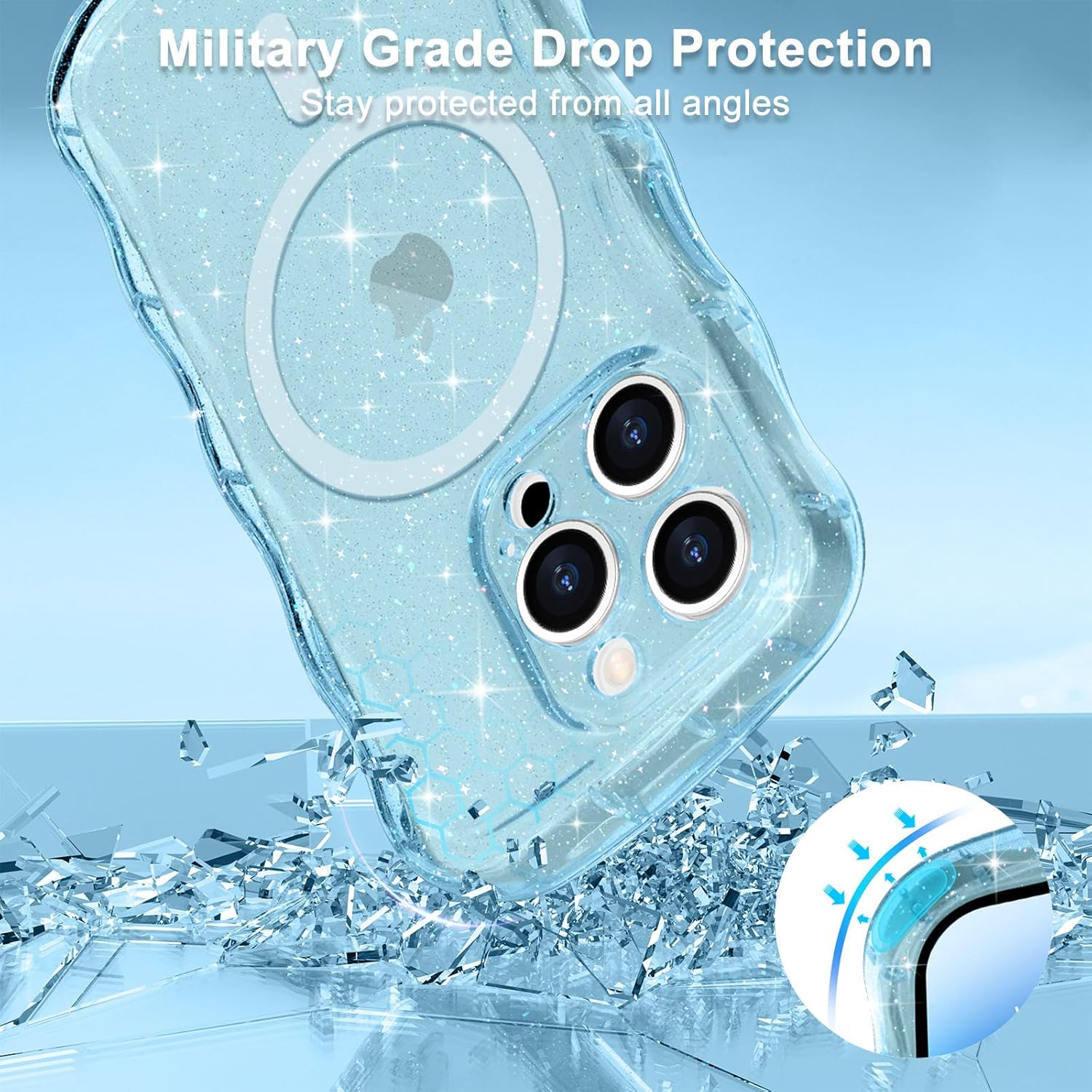 Magnetic for iPhone 14 Pro Max Case Clear, Sparkly Bling Glitter Cute Curly Wave Cover for Women Men Compatible with MagSafe TPU Shockproof Protective Phone Case for iPhone 14 Pro Max, Blue - Image 5
