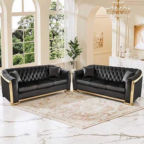 Mid Century Modern Chesterfield Sofa Couch, 84" Velvet Couch Black and Gold Sofa Luxury Curved Loveseat for Living Room, 6 Seater Tufted Sofas with 4 Pillows & Classic Gold Legs, 2 Pcs Black