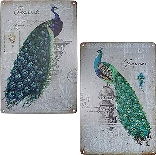 TISOSO Elegant Proud Peacock Tin Sign Art Oil Painting Wall Decor Garage Diner Cafe Vintage Metal Bar Signs for Home Living Room Bedroom Bathroom Office 2pcs-8x12inch