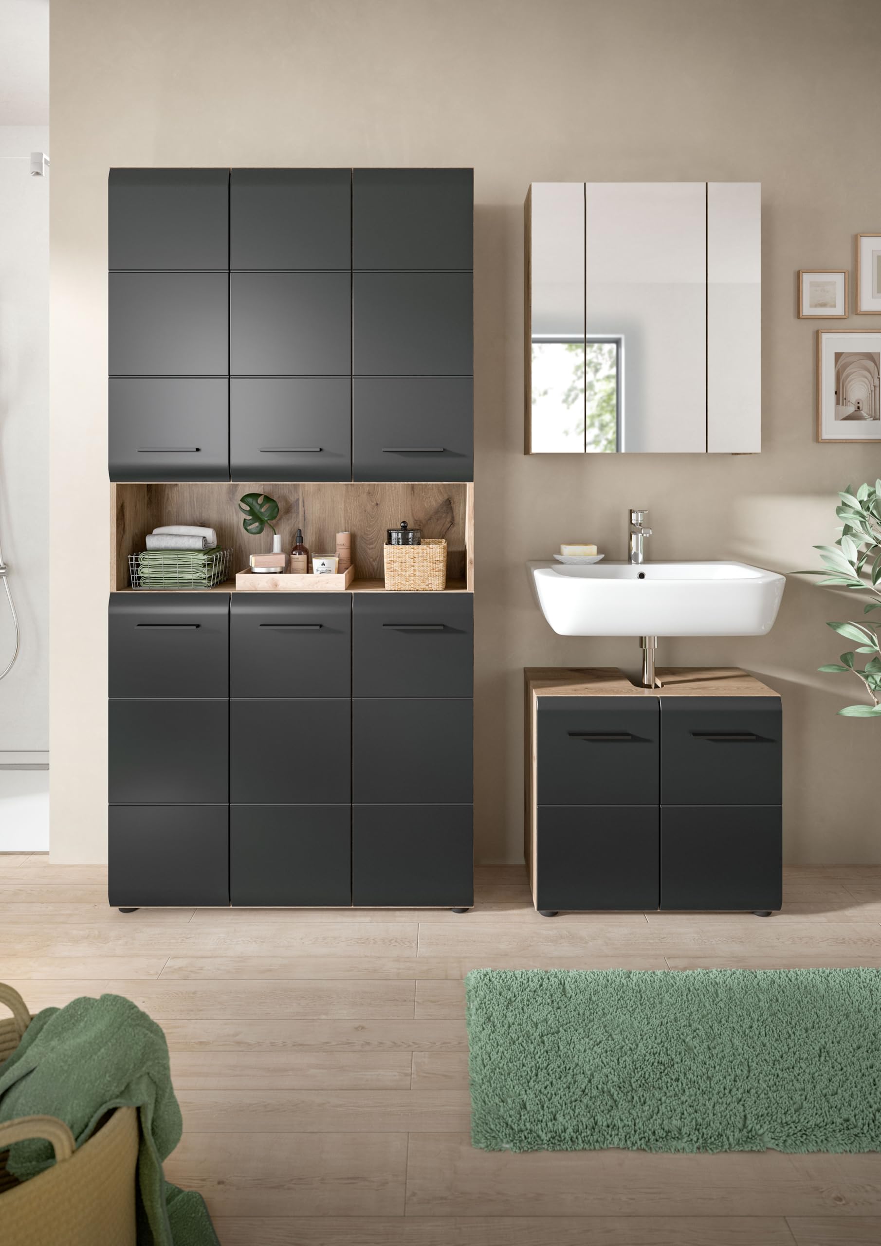 xonox.home – 3 TLG. Kompakte Badkombination Ice 165x185x30 cm in Korpus Nox Oak Nachbildung und Front schwarz matt – Stilvolles Möbel-Set für Moderne Badezimmer – pflegeleicht & funktional