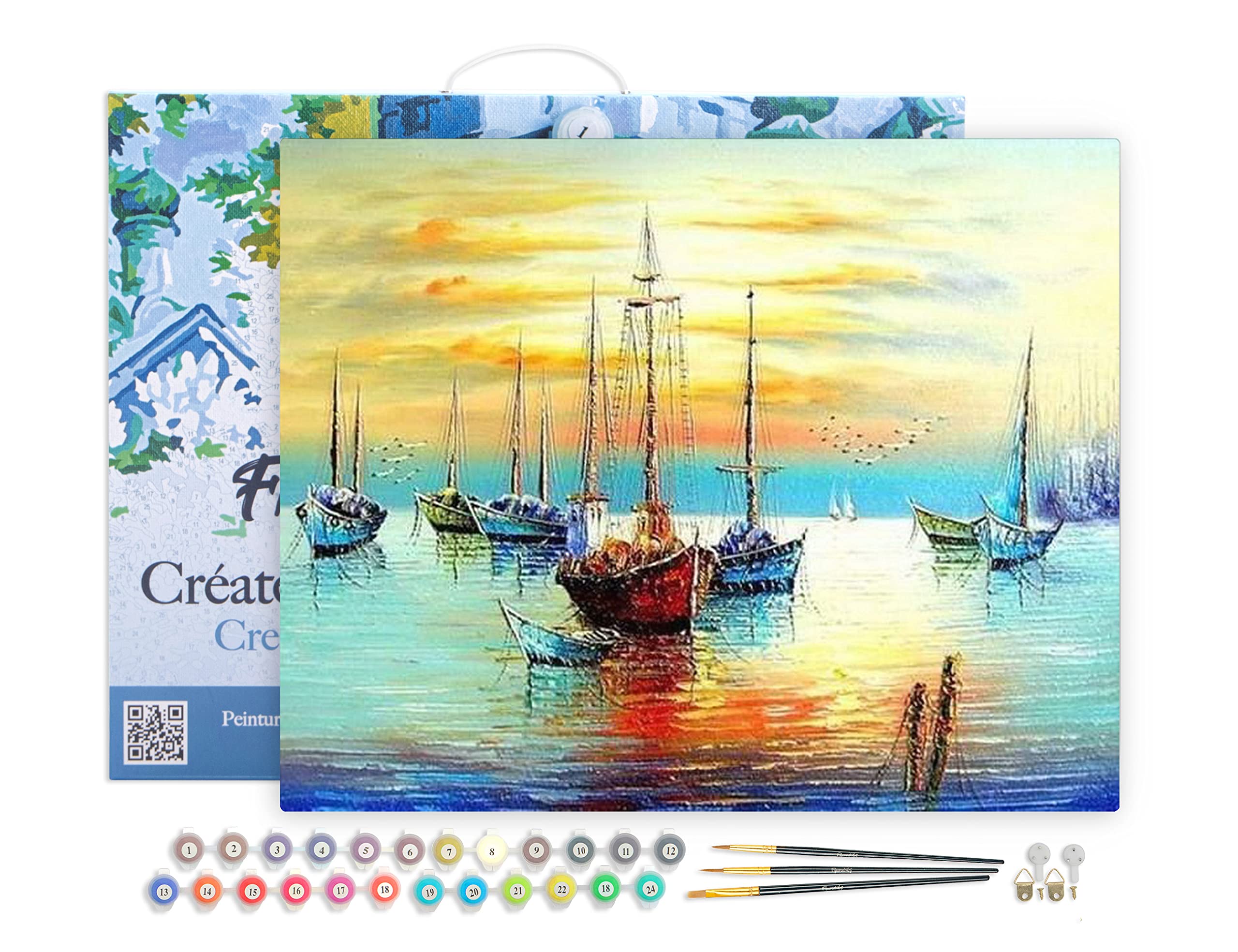 Figured'Art Paint by Numbers for Adults with Frame Sailboats at The Port 40x50cm - Craft Art Painting DIY Kit Canvas Already Stretched on a Wooden Frame โ image 1