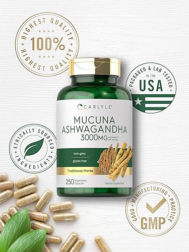 Miniatura 6 de Carlyle Mucuna con Ashwagandha  3000 mg  250 cápsulas  Suplemento de mucuna pruriens  Vegetariano, sin OMG, sin gluten
