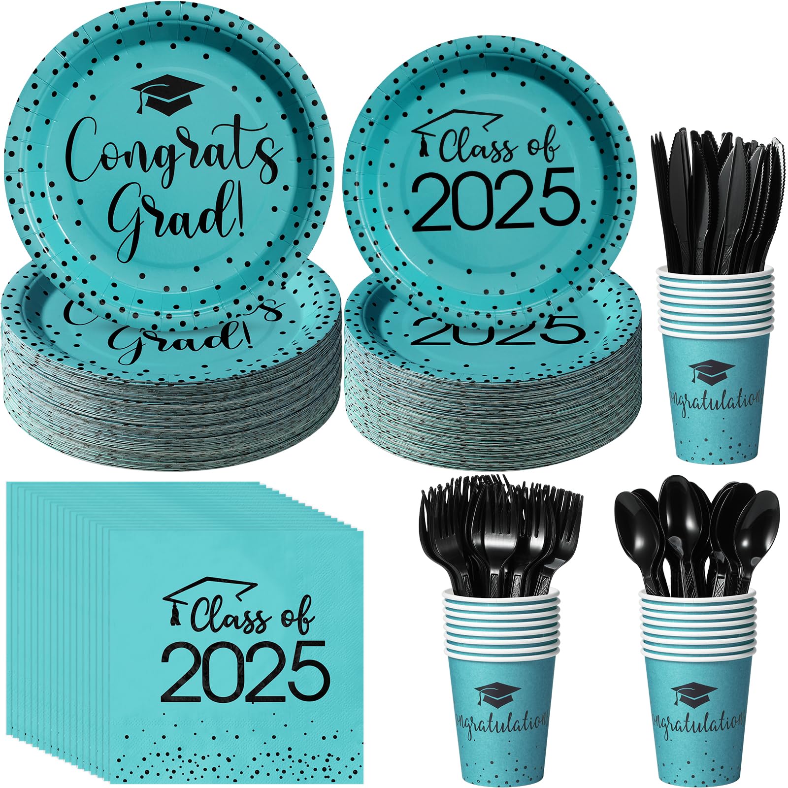350pcs Class of 2025 Graduation Plates and Napkins Set, Disposable Paper Plate Set Polka Dots Plates Napkins Cups Knife Fork Spoon for Graduation