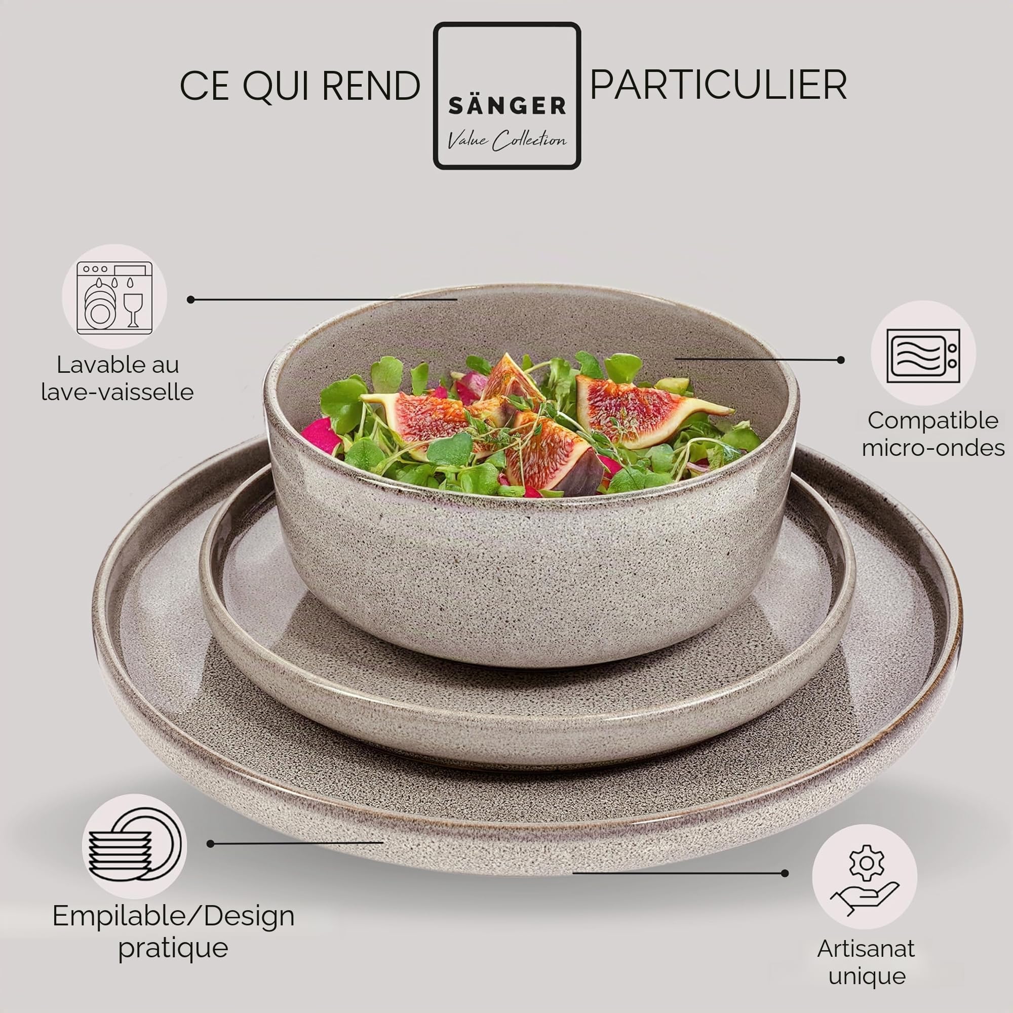 SÄNGER Kairo Clay | Service de table 18 pièces en faïence pour 6 personnes, 6 assiettes plates, 6 assiettes à dessert, 6 bols et bols gris, lot d'assiettes creuses | Value Collection